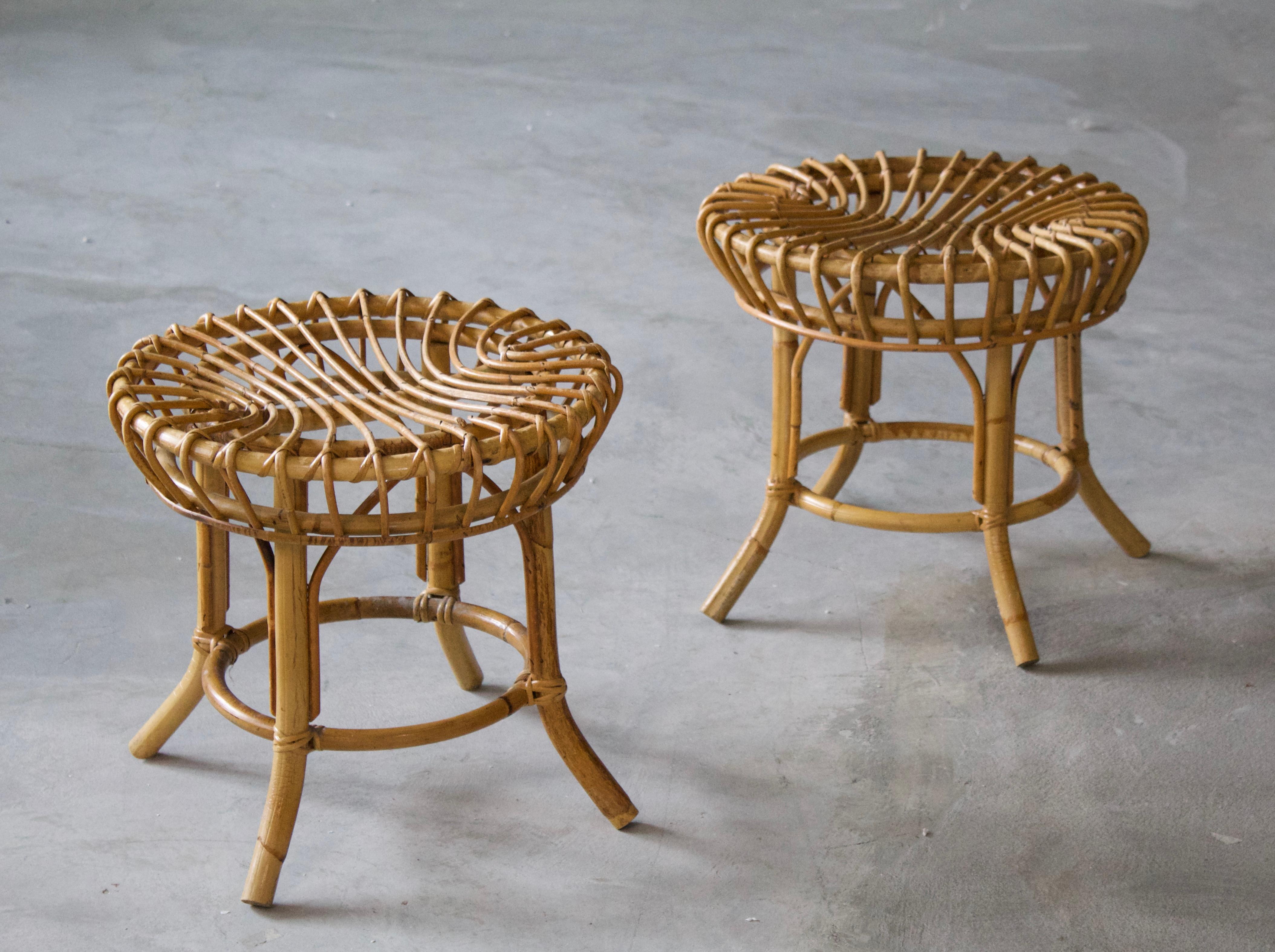 A pair of stools. Designed and produced in Italy, 1950-1960s. 

Other designers of the period include Gabriella Crespi, Paul Frankl, Charlotte Perriand, Pierre Chapo and George Nakashima.