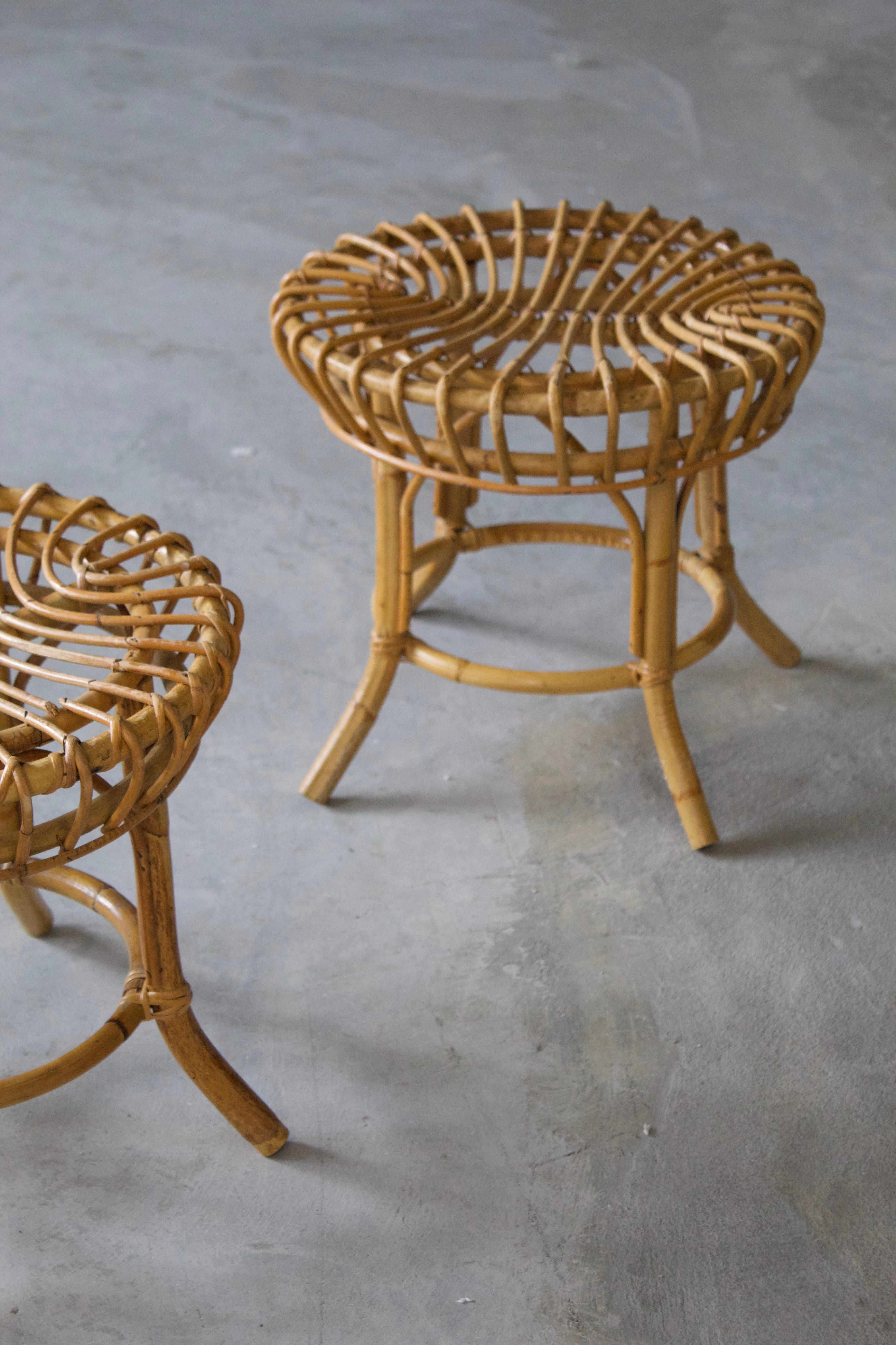 Italian, Functionalist Stools, Cane, Bamboo, Italy, 1950s In Good Condition In High Point, NC