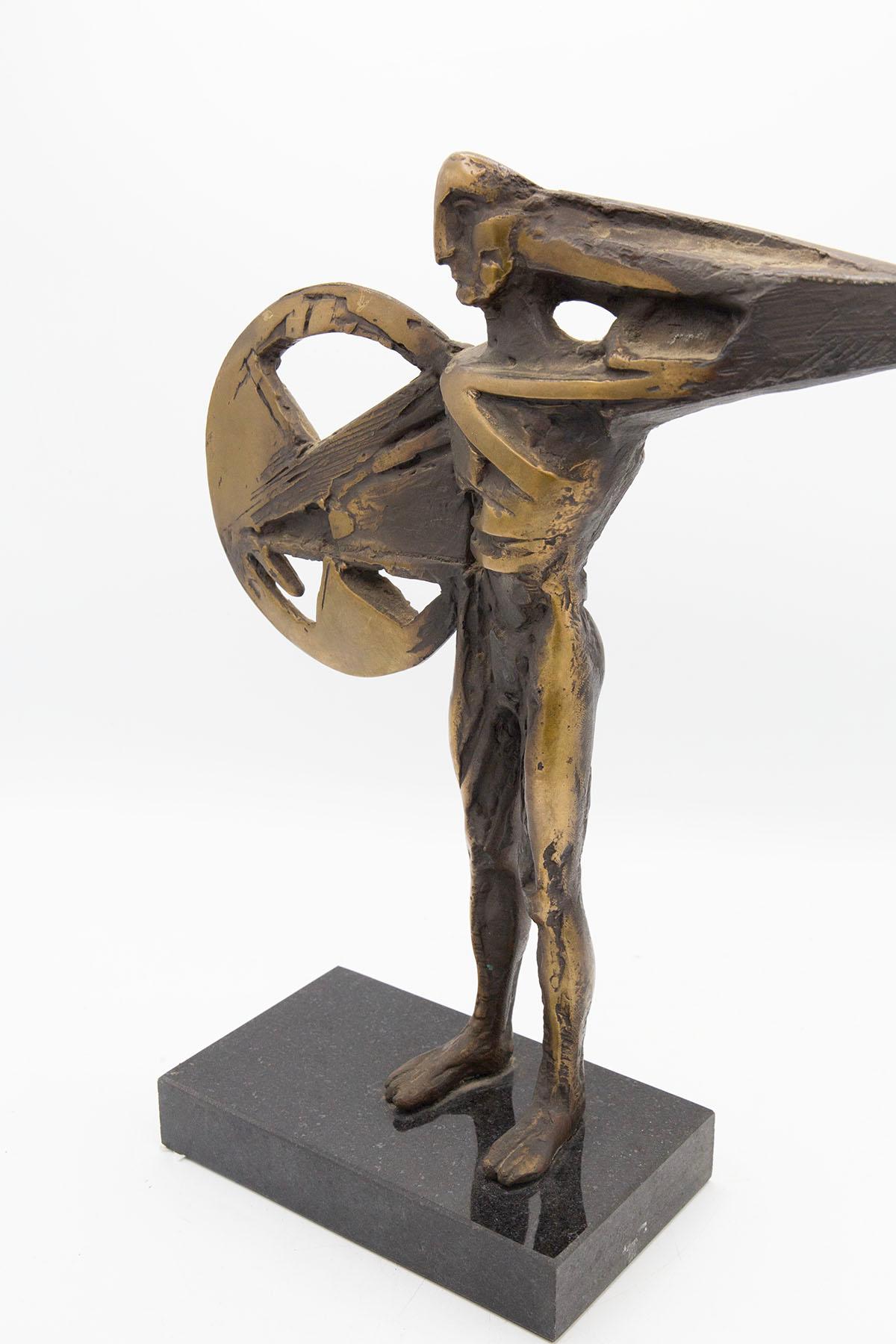 Mid-20th Century Italian Futurist Bronze sculpture with man and shield, signed For Sale