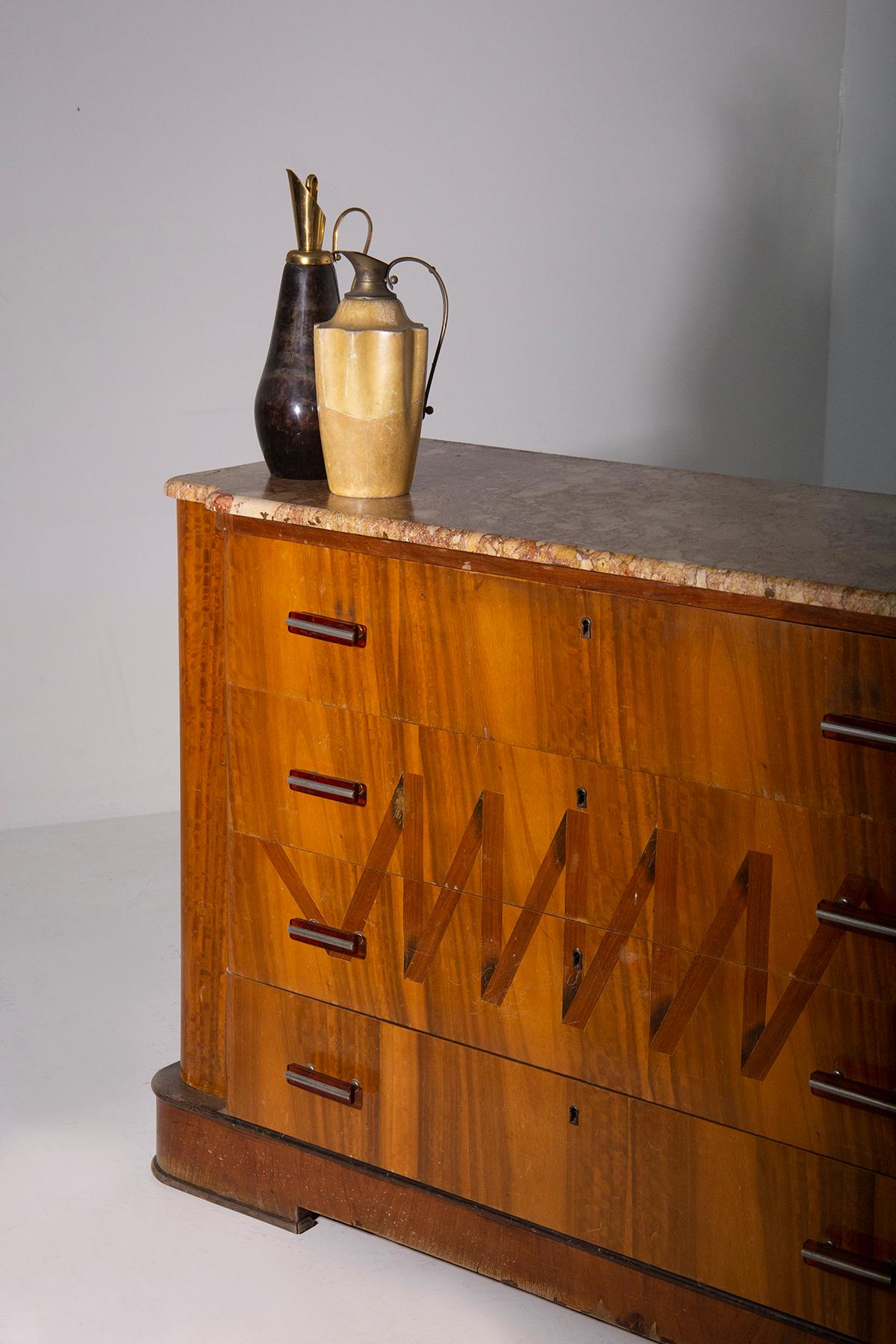 Early 20th Century Italian Futurist chest of drawers in marble and wood, with iconographic inlay For Sale