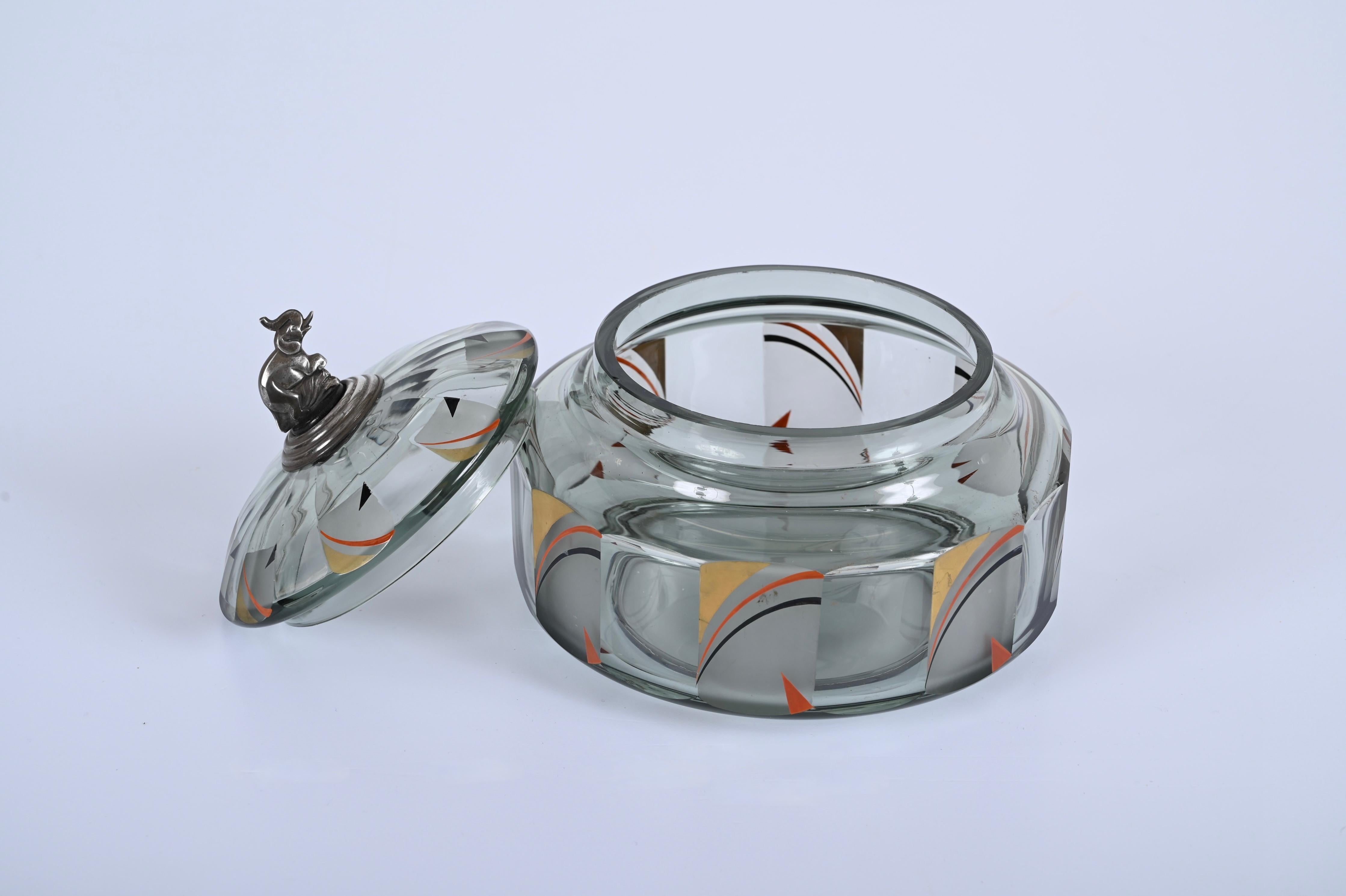 Italian Futurist Crystal Enameled Box with Silver Sculpture, Italy, 1933 For Sale 7