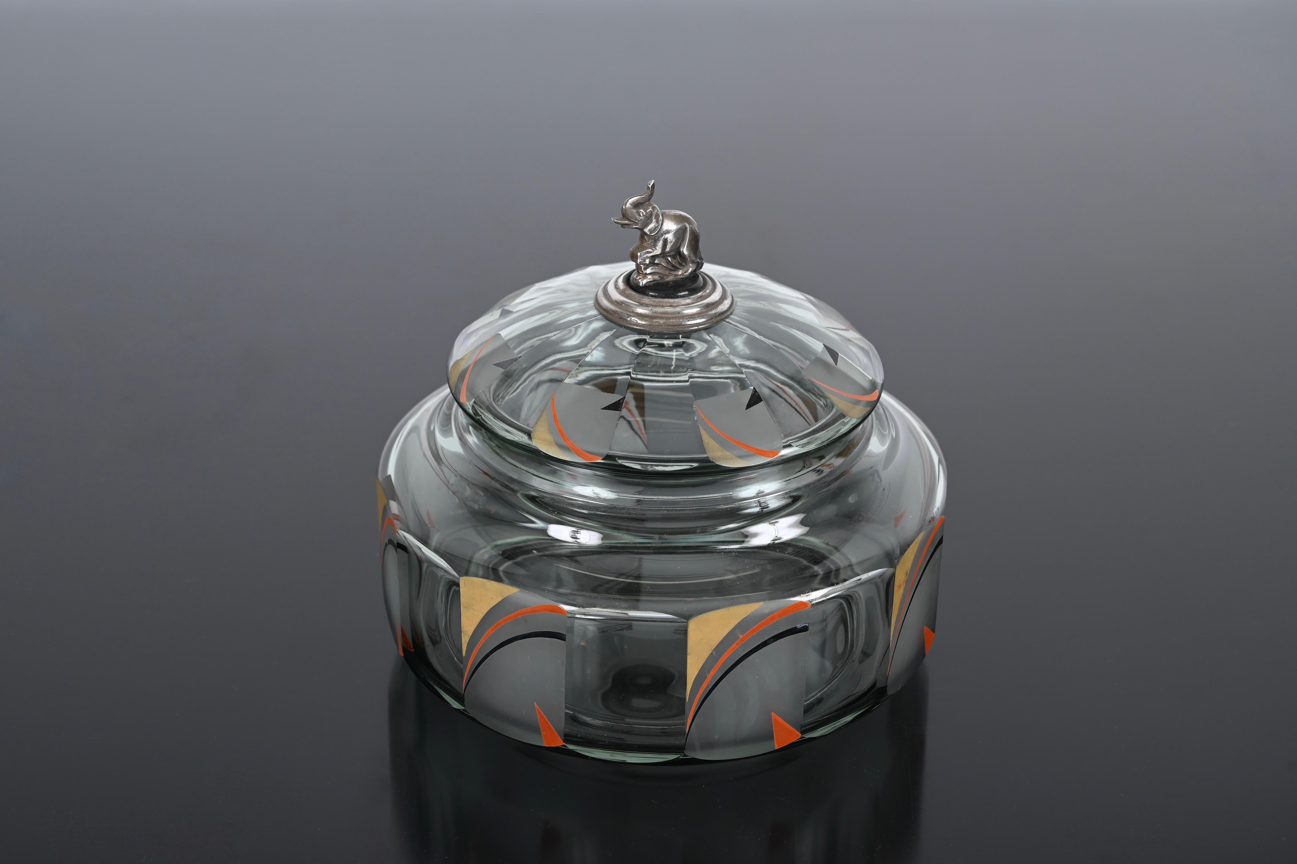 Italian Futurist Crystal Enameled Box with Silver Sculpture, Italy, 1933 For Sale 11