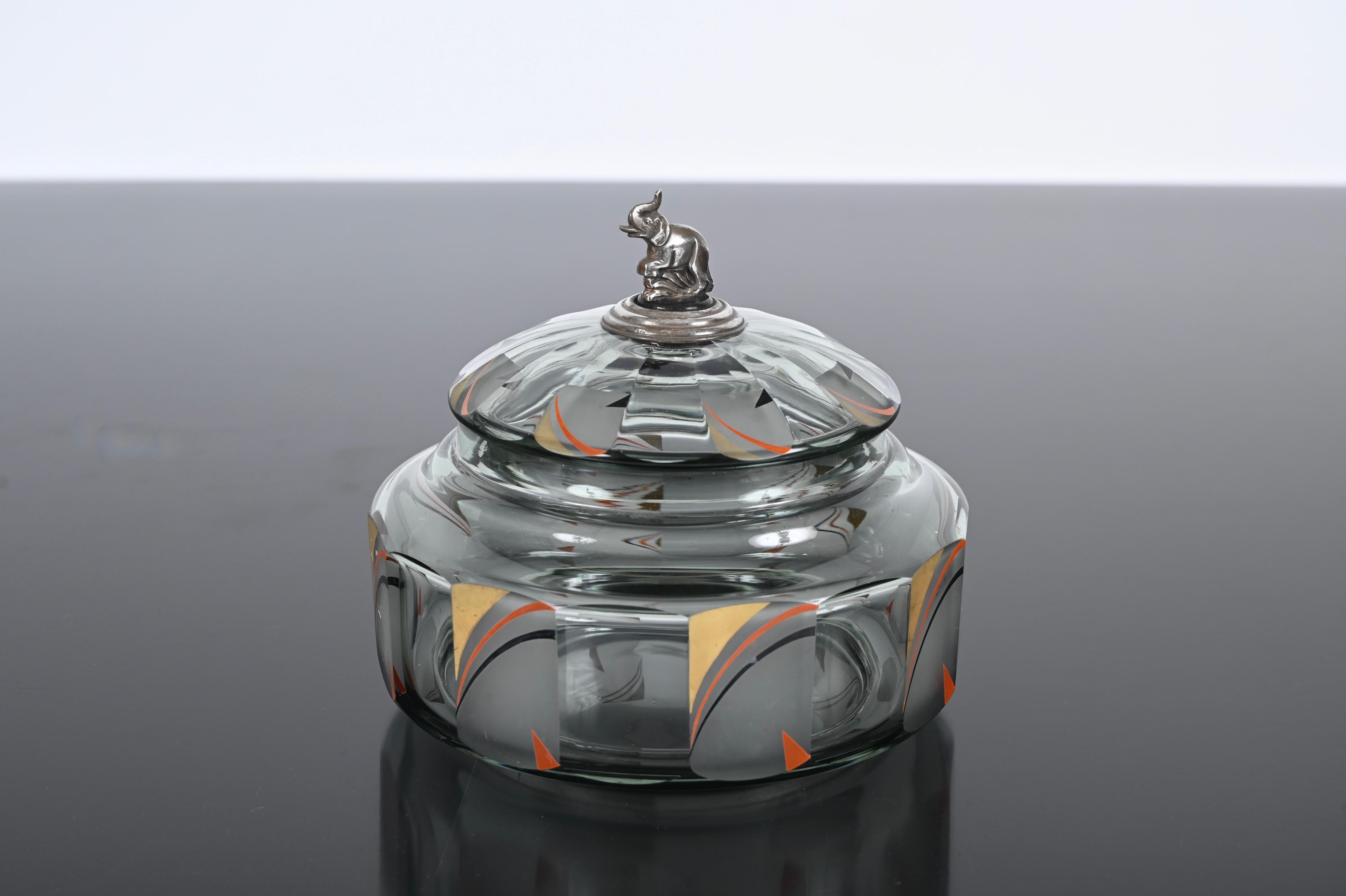 Italian Futurist Crystal Enameled Box with Silver Sculpture, Italy, 1933 For Sale 13