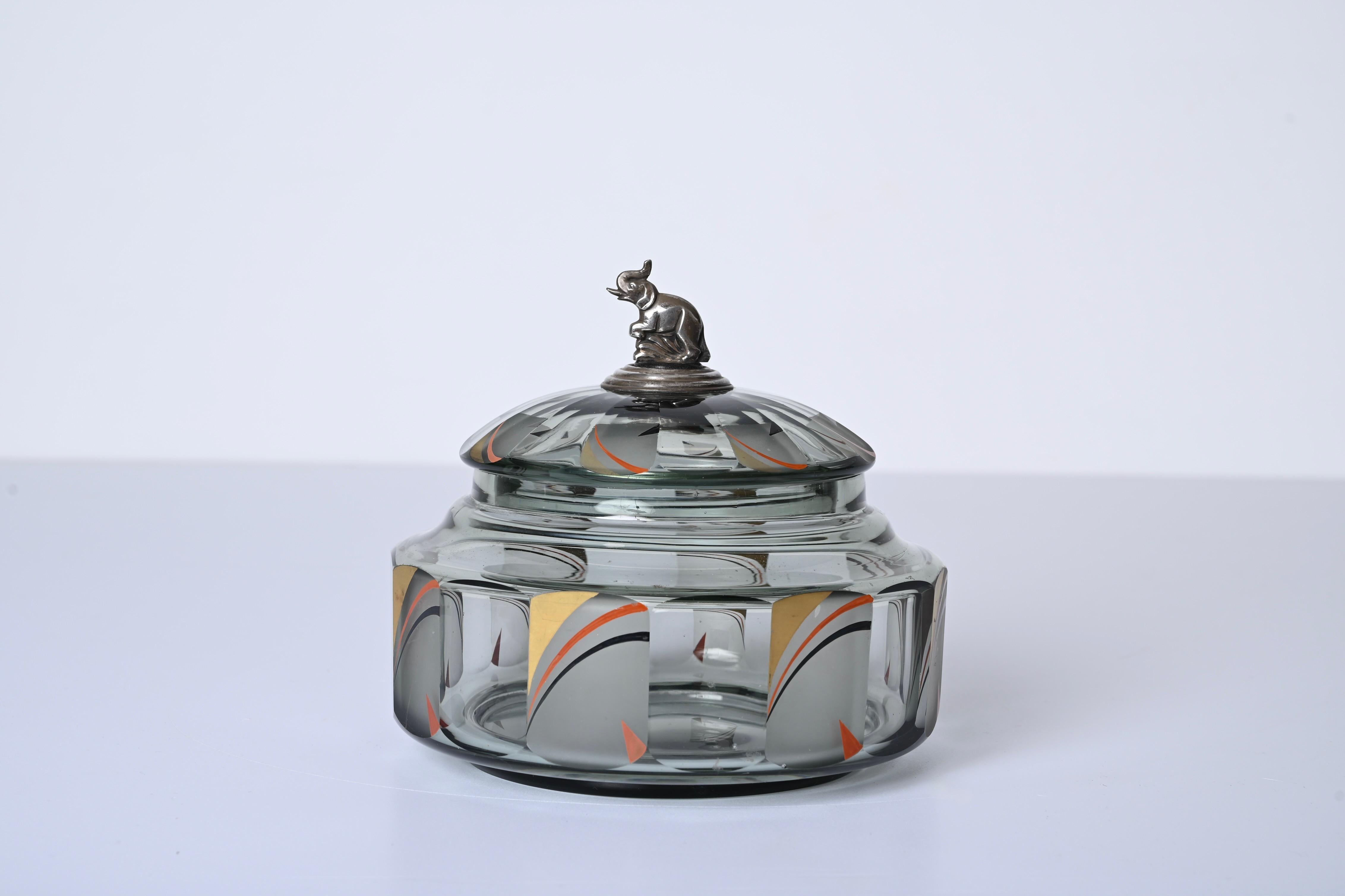 Mid-20th Century Italian Futurist Crystal Enameled Box with Silver Sculpture, Italy, 1933 For Sale