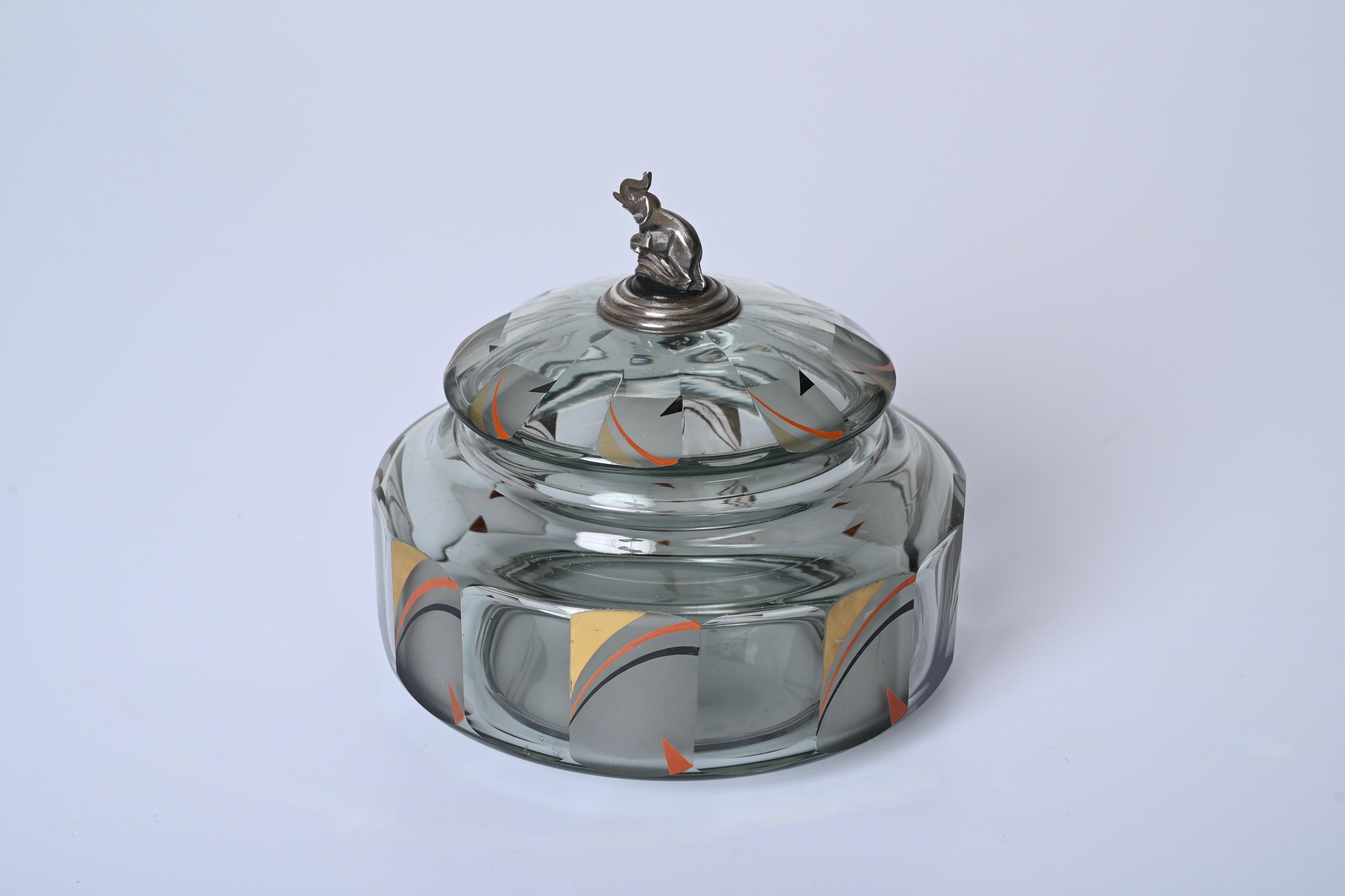 Italian Futurist Crystal Enameled Box with Silver Sculpture, Italy, 1933 For Sale 2