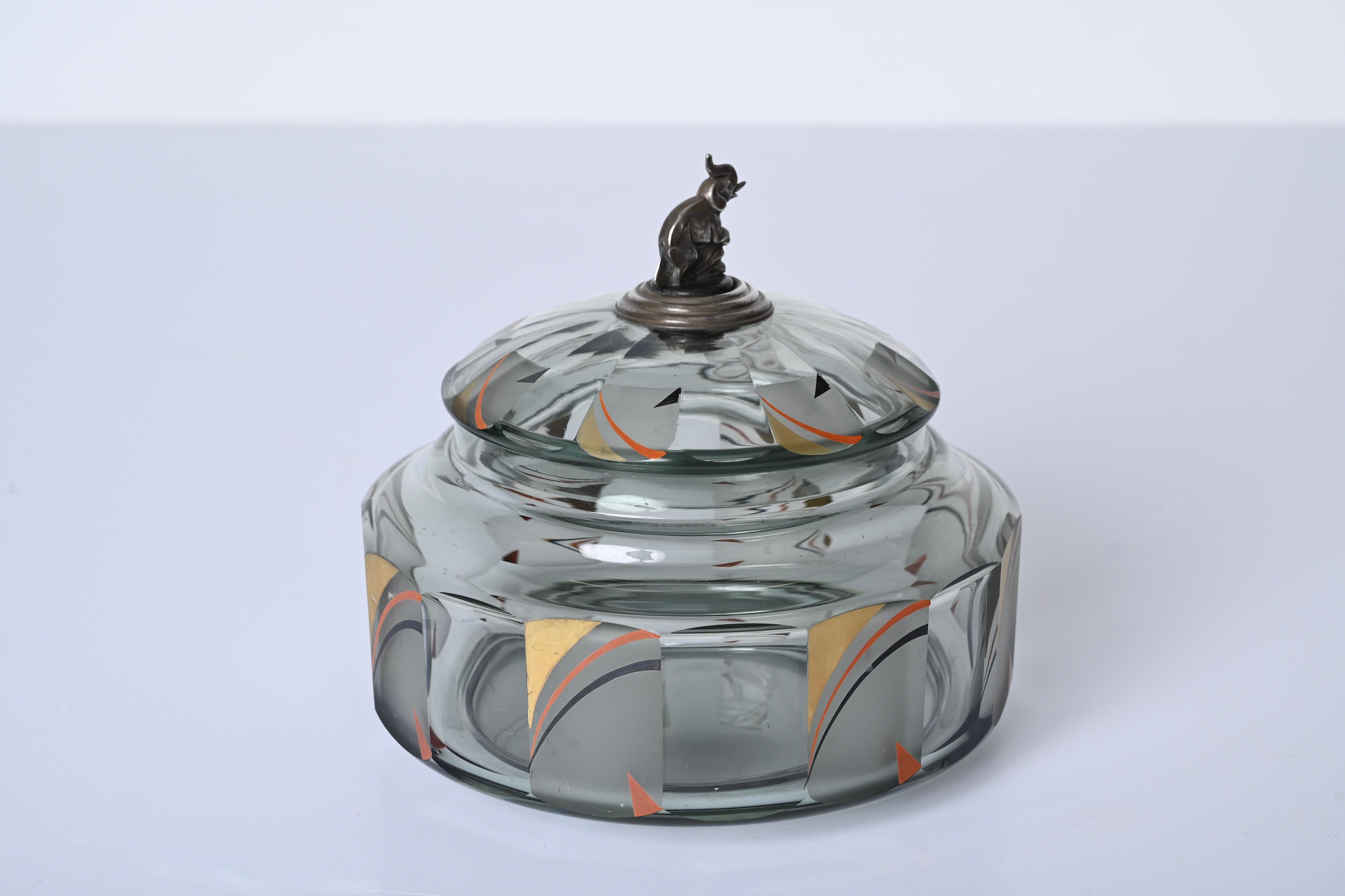 Italian Futurist Crystal Enameled Box with Silver Sculpture, Italy, 1933 For Sale 4