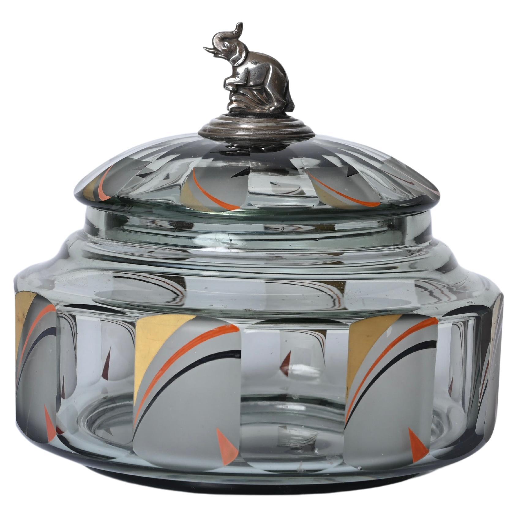 Italian Futurist Crystal Enameled Box with Silver Sculpture, Italy, 1933 For Sale