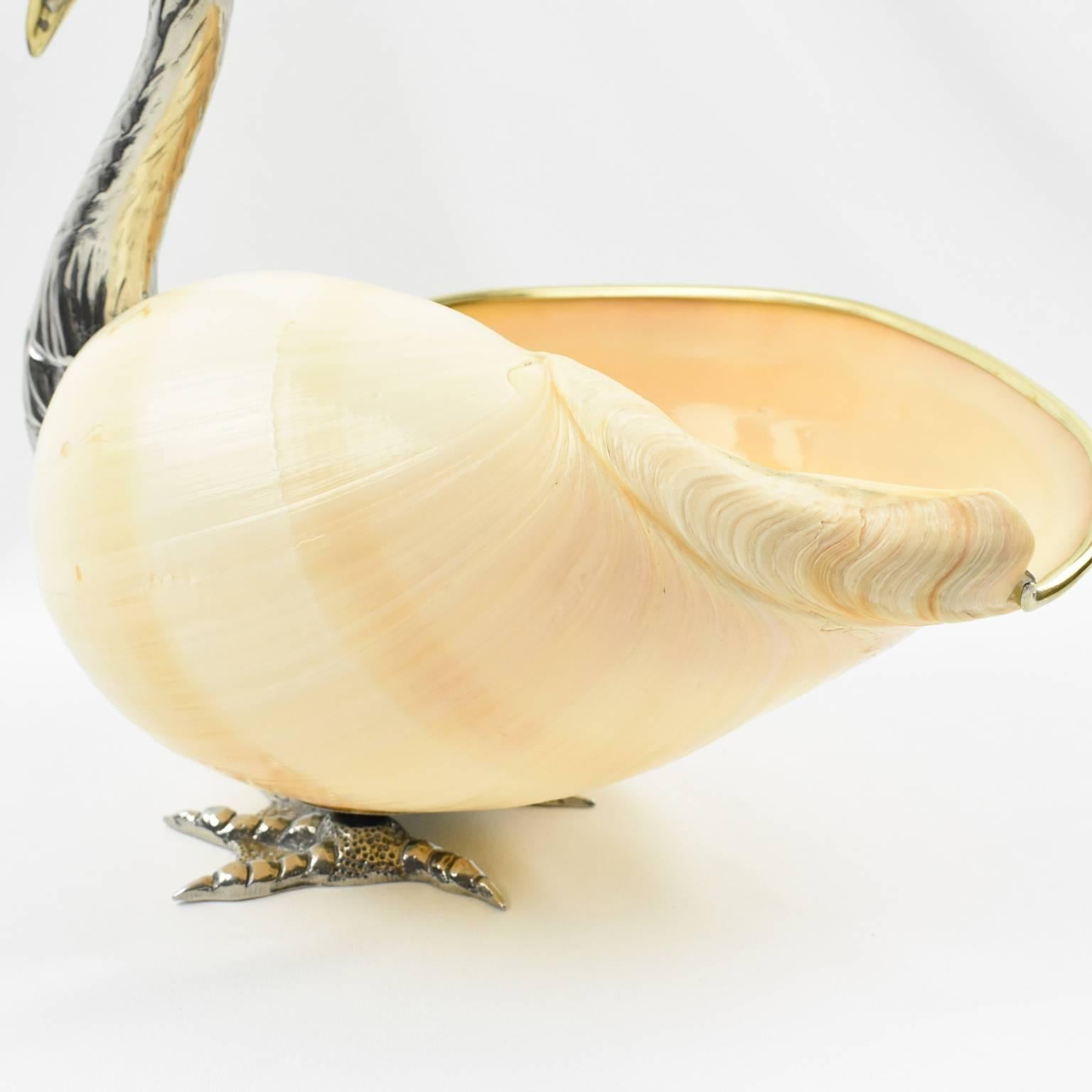 Italian Gabriella Binazzi 1970s Giant Seashell Silver Plate Swan Bowl Sculpture 4