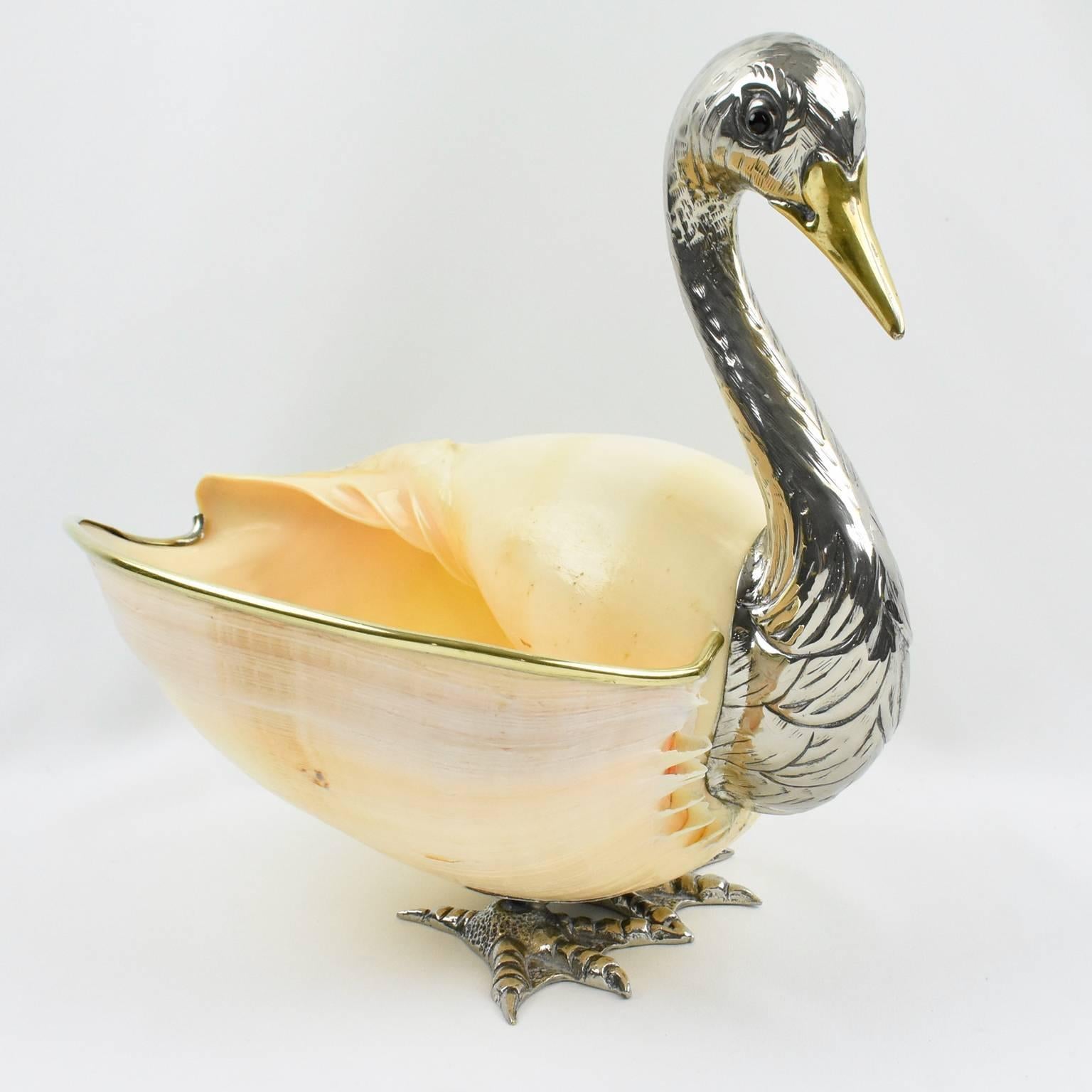 Modern Italian Gabriella Binazzi 1970s Giant Seashell Silver Plate Swan Bowl Sculpture