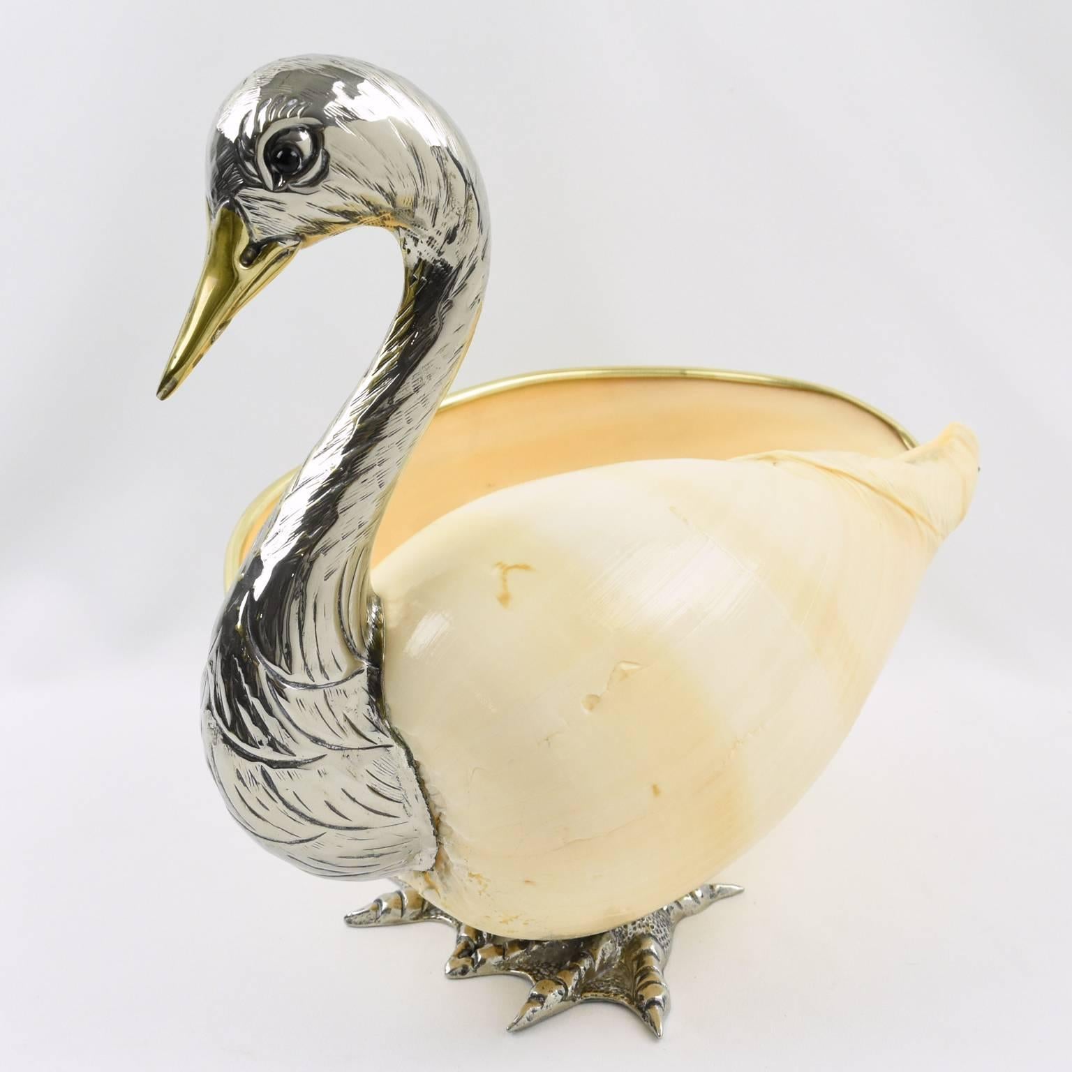Italian Gabriella Binazzi 1970s Giant Seashell Silver Plate Swan Bowl Sculpture In Excellent Condition In Atlanta, GA