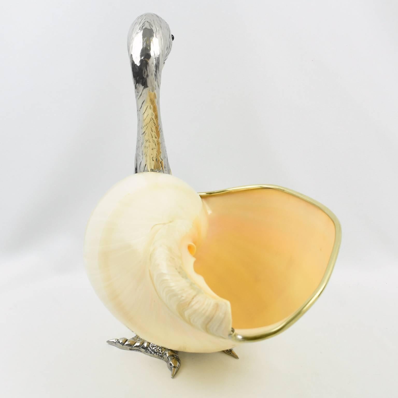 Late 20th Century Italian Gabriella Binazzi 1970s Giant Seashell Silver Plate Swan Bowl Sculpture