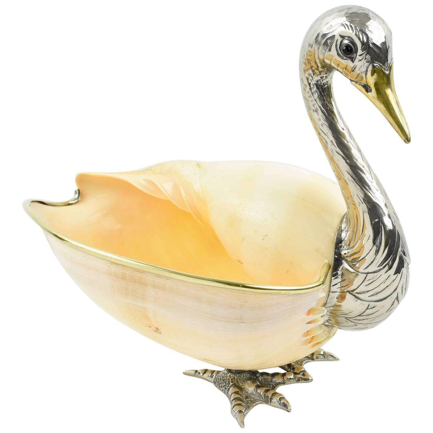 Italian Gabriella Binazzi 1970s Giant Seashell Silver Plate Swan Bowl Sculpture