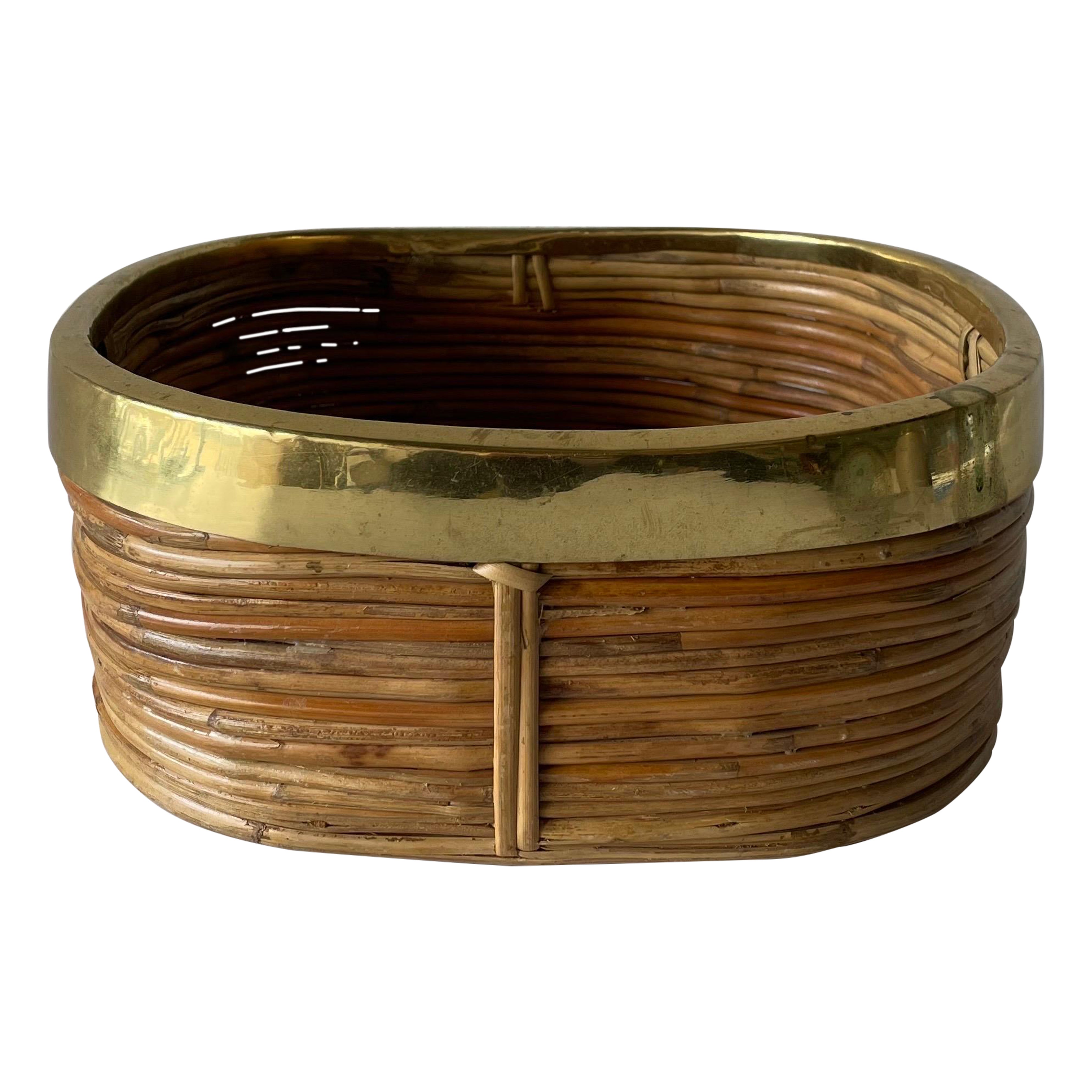 Italian Rattan and Brass Basket, 1960s, Italy