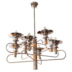 Vintage Italian Gaetano Sciolari 8 Arm and Torchère Chrome Chandelier with Brass Accents