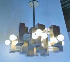 Italian Gaetano Sciolari Brutalist Chrome and Lucite Geometric Chandelier
