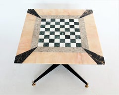 Italian Gaming or Chess Side Table in Marble Mosaic with Brass Tips, 1950s