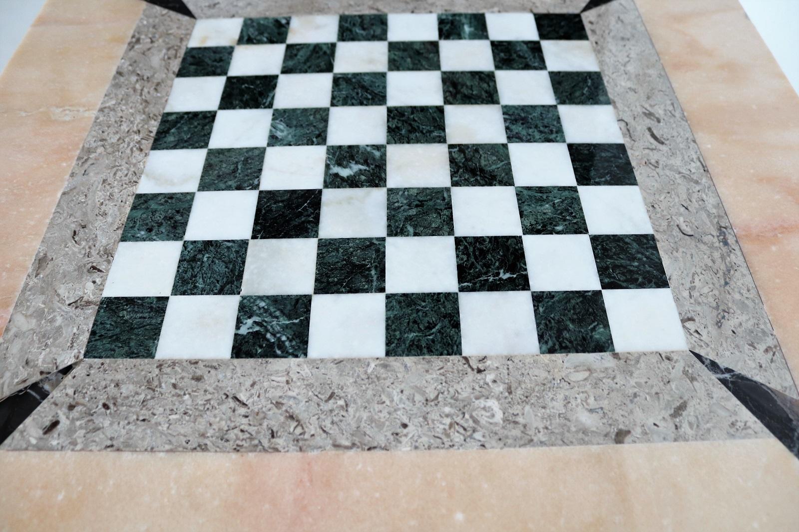 Metal Italian Gaming or Chess Side Table in Marble Mosaic with Brass Tips, 1950s