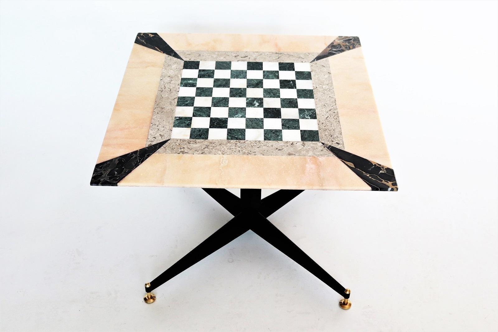 Italian Gaming or Chess Side Table in Marble Mosaic with Brass Tips, 1950s 1