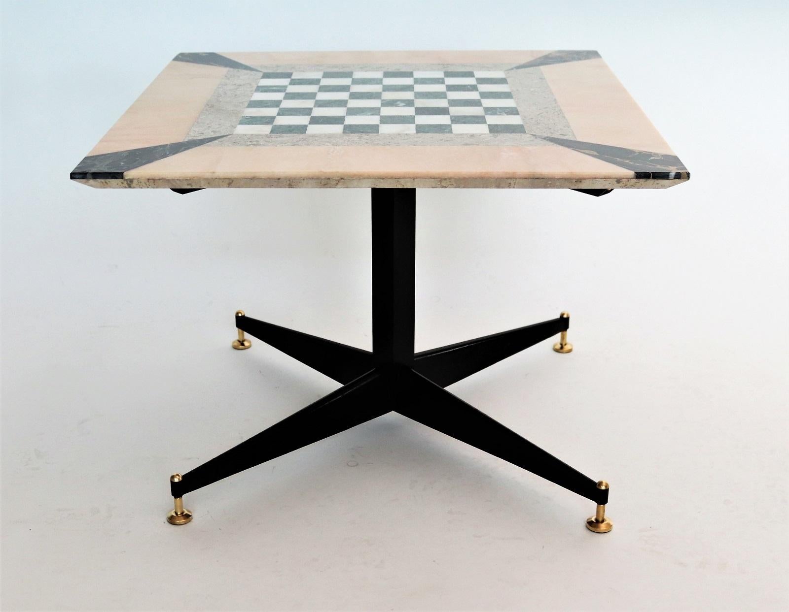 Italian Gaming or Chess Side Table in Marble Mosaic with Brass Tips, 1950s 2