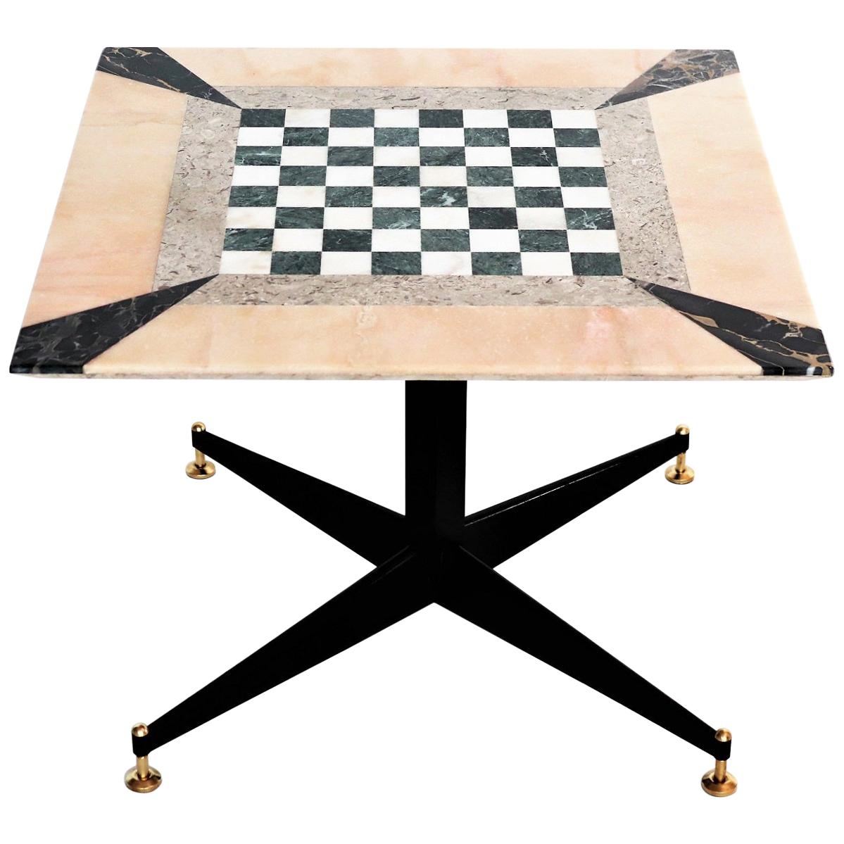 Italian Gaming or Chess Side Table in Marble Mosaic with Brass Tips, 1950s