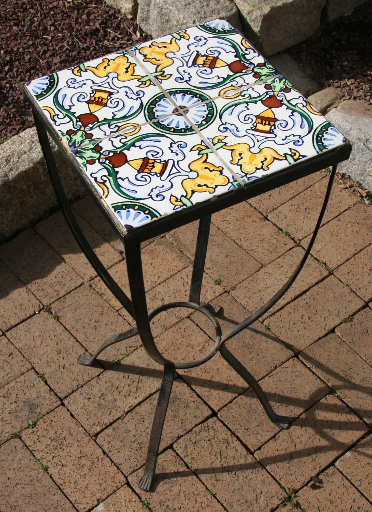 3-468 Italian metal and painted tile garden plant stand/drink table.