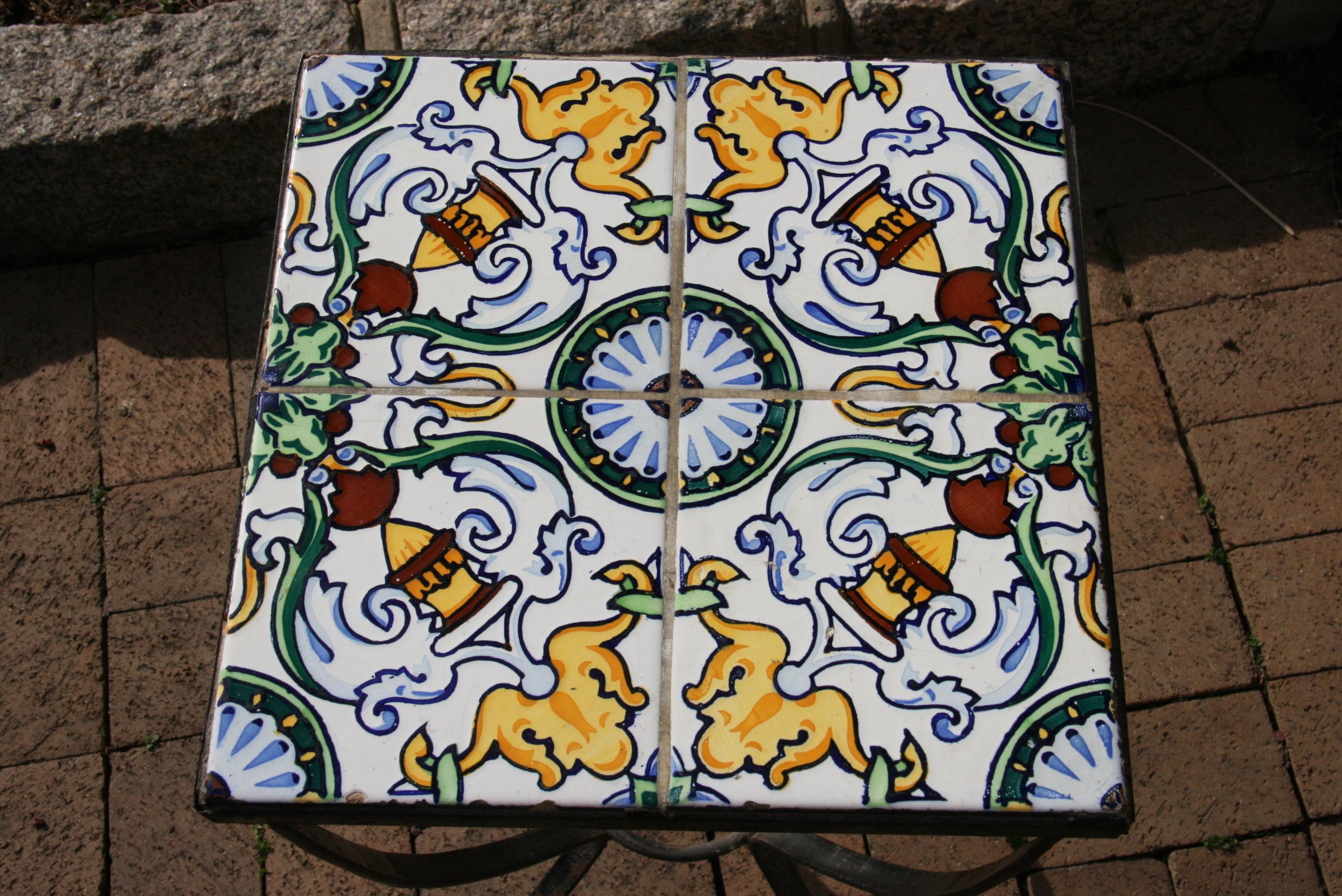 Ceramic Italian Garden Hand Painted Tile and Metal Plant Stand/Drink Table
