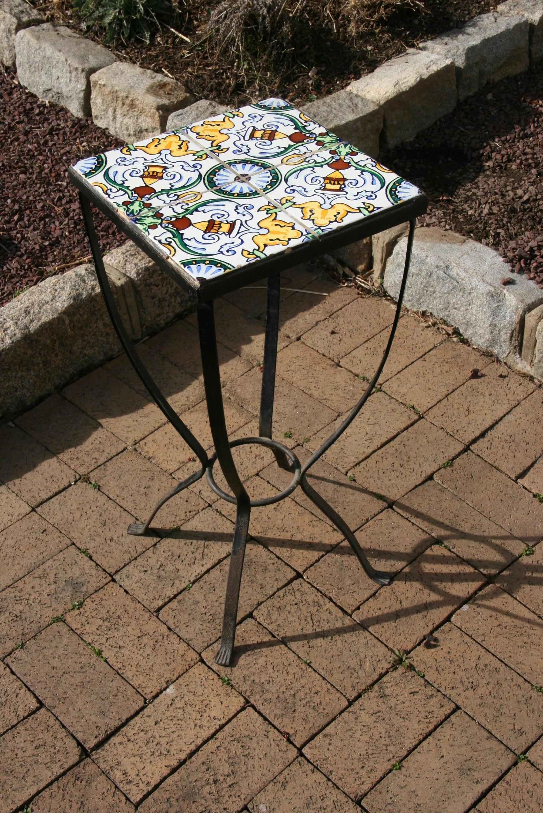 Italian Garden Hand Painted Tile and Metal Plant Stand/Drink Table 3