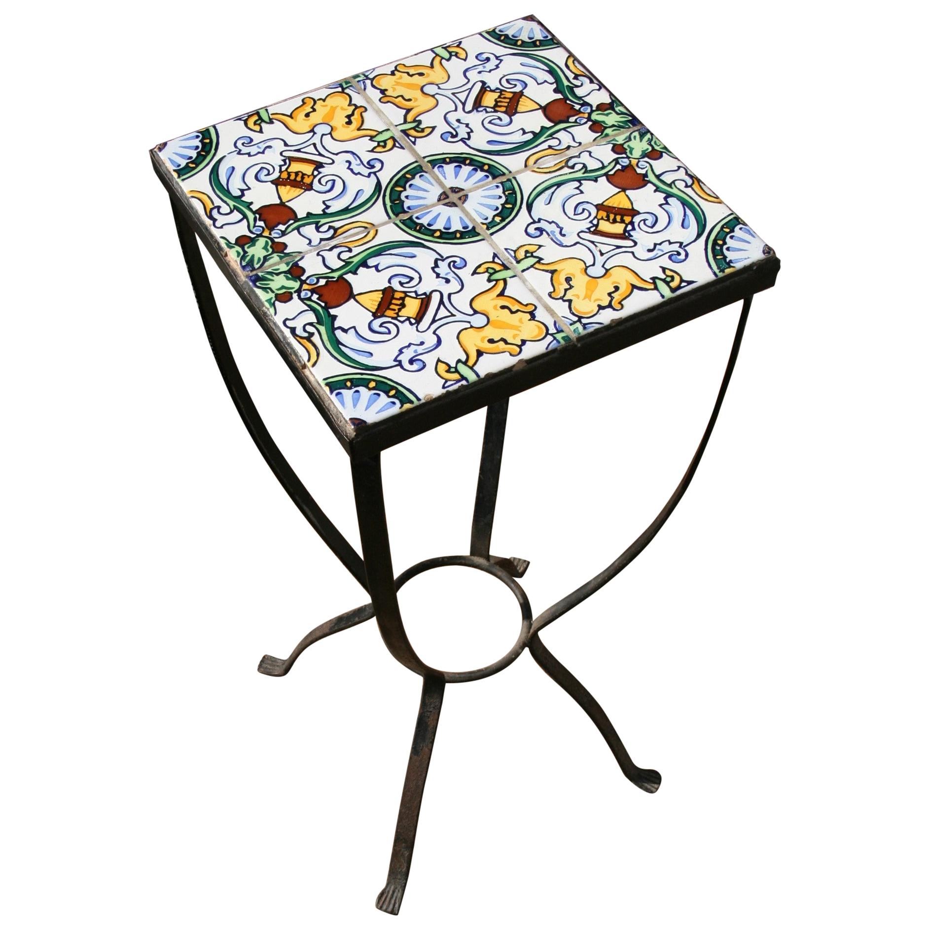 Italian Garden Hand Painted Tile and Metal Plant Stand/Drink Table