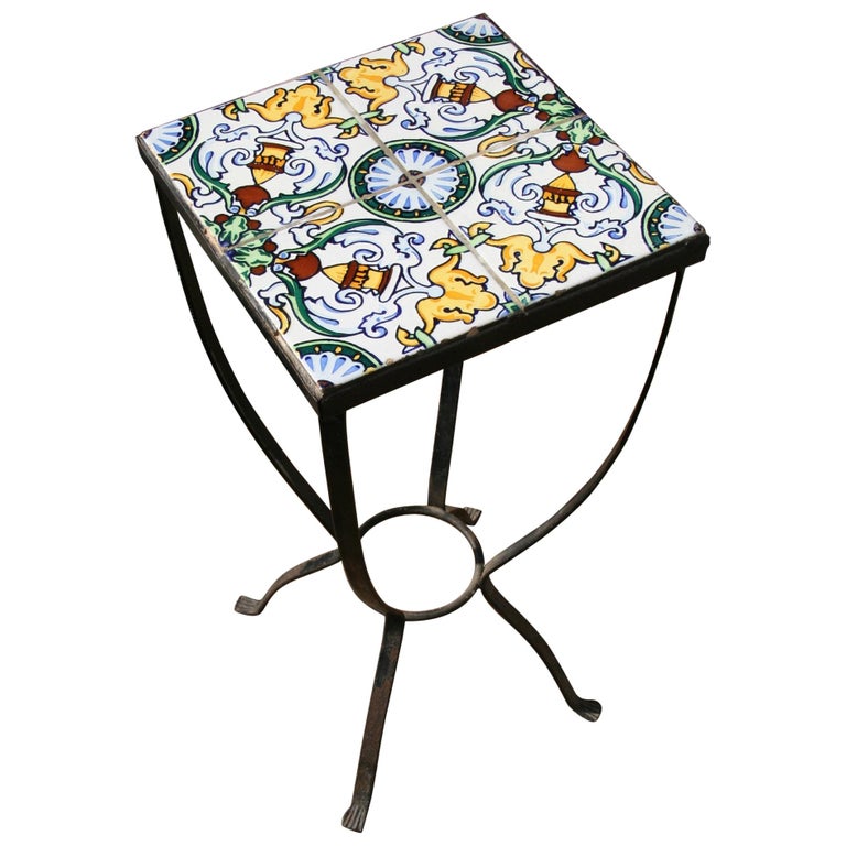 Italian Garden Hand Painted Tile and Metal Plant Stand/Drink Table at  1stDibs