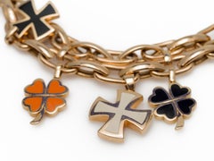 Italian Gavello Bracelet with Enameled Maltese Crosses and Clover-Leaf Charms