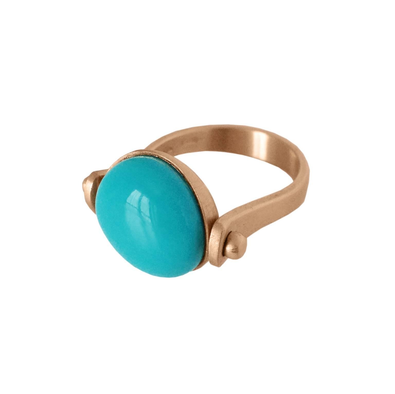 Italian Gemstone Turquoise Red 18 Kt Gold Roman Style Reversible Ring Made in Italy
This ring is inspired by ancient Roman jewelry. They used to wear a ring where its head would be round. There's a light blue round turquoise as a button above and if