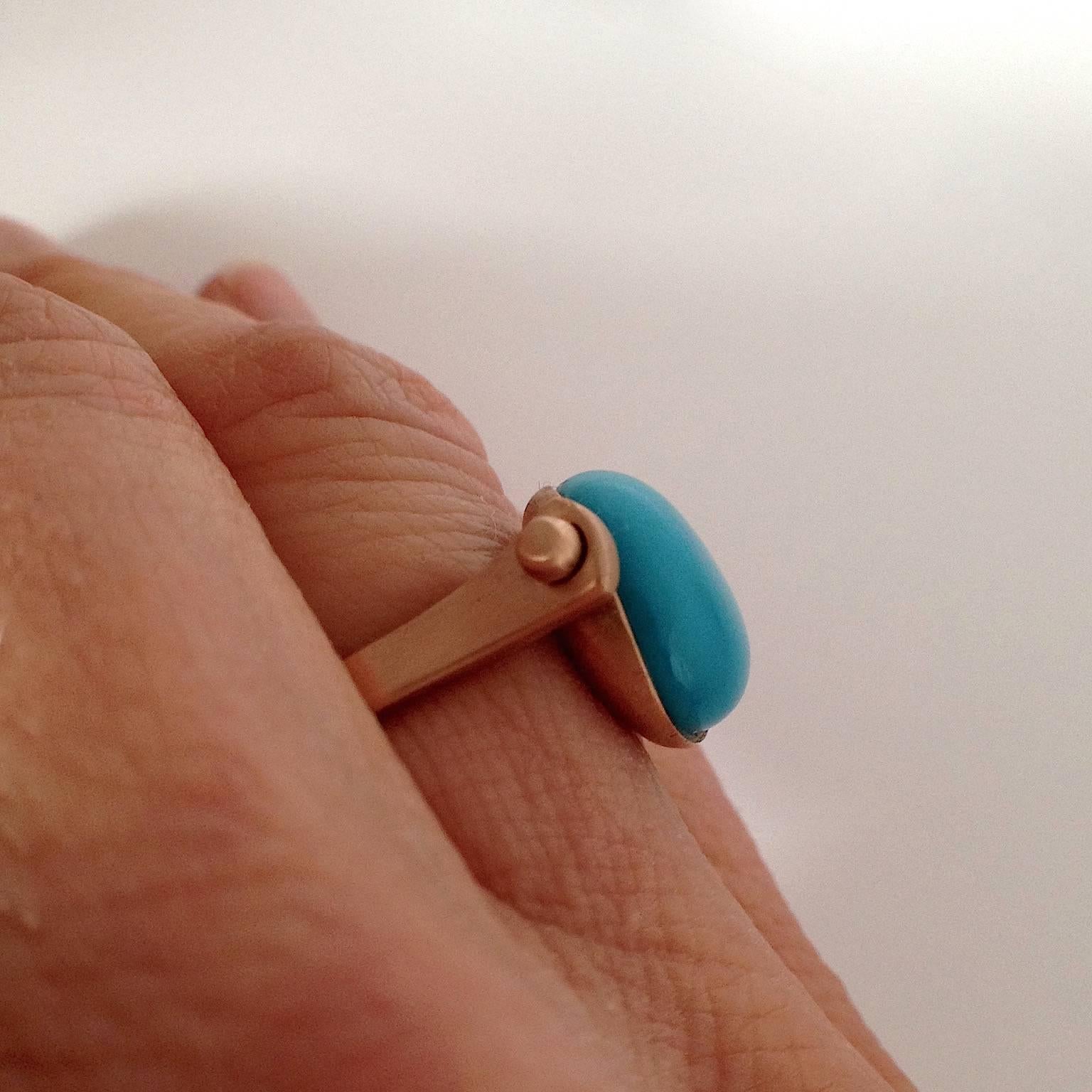 Round Cut Italian Gemstone Turquoise Red 18Kt Gold Roman Style Reversible Made in IT Ring For Sale