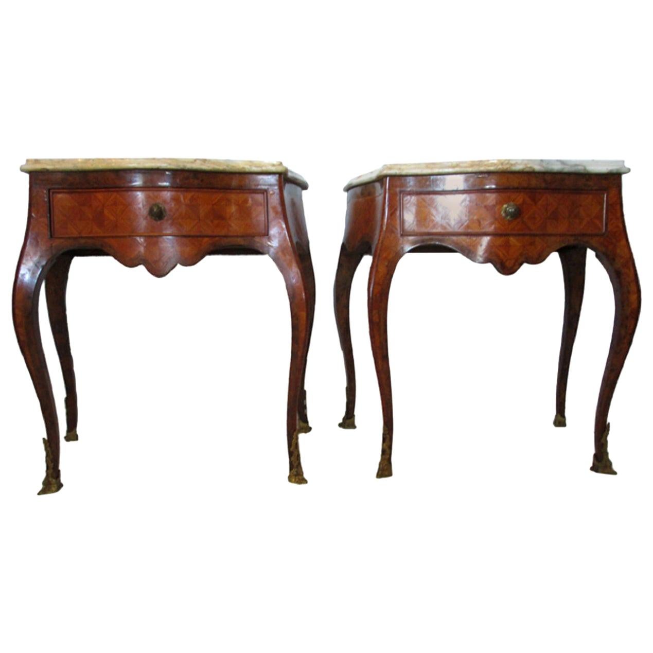 Italian, Genova Pair of 1960s Marquetry Inlay Bed Tables Calacatta Gold Marble