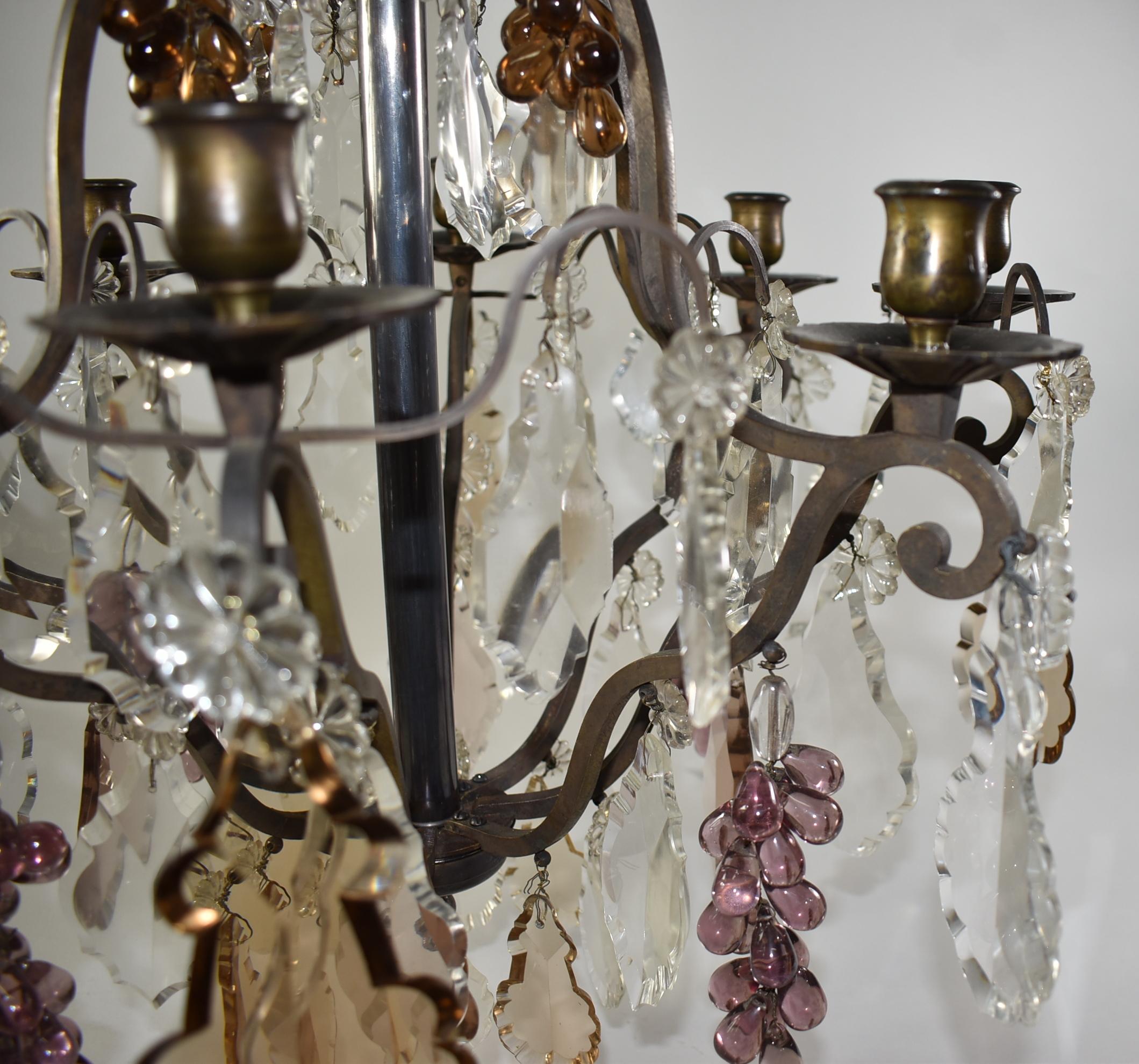 European Italian Genovese Candle Chandelier Bronze Frame Crystal Flowers & Grapes 8 Arm For Sale