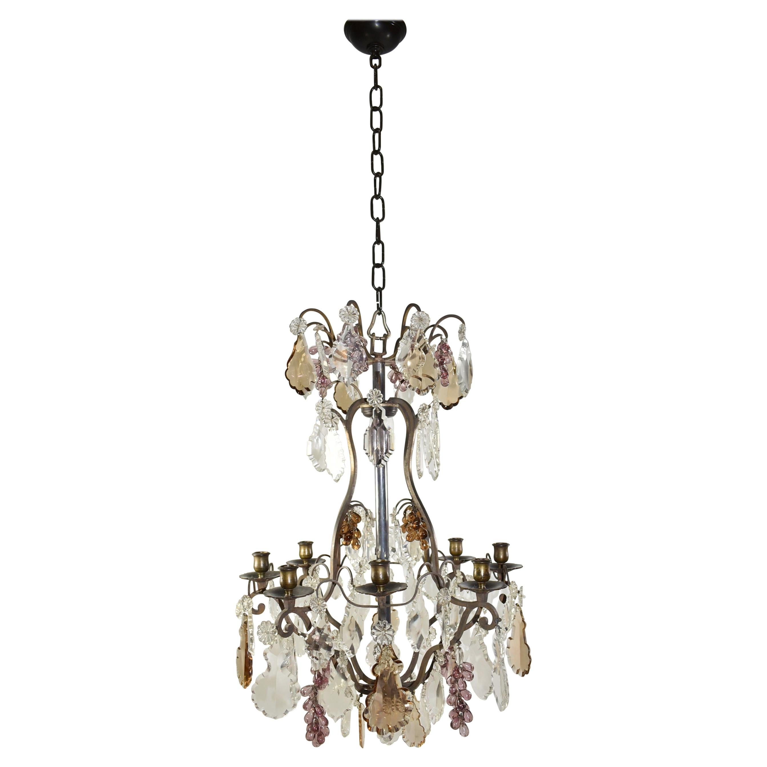 Italian Genovese Candle Chandelier Bronze Frame Crystal Flowers & Grapes 8 Arm For Sale