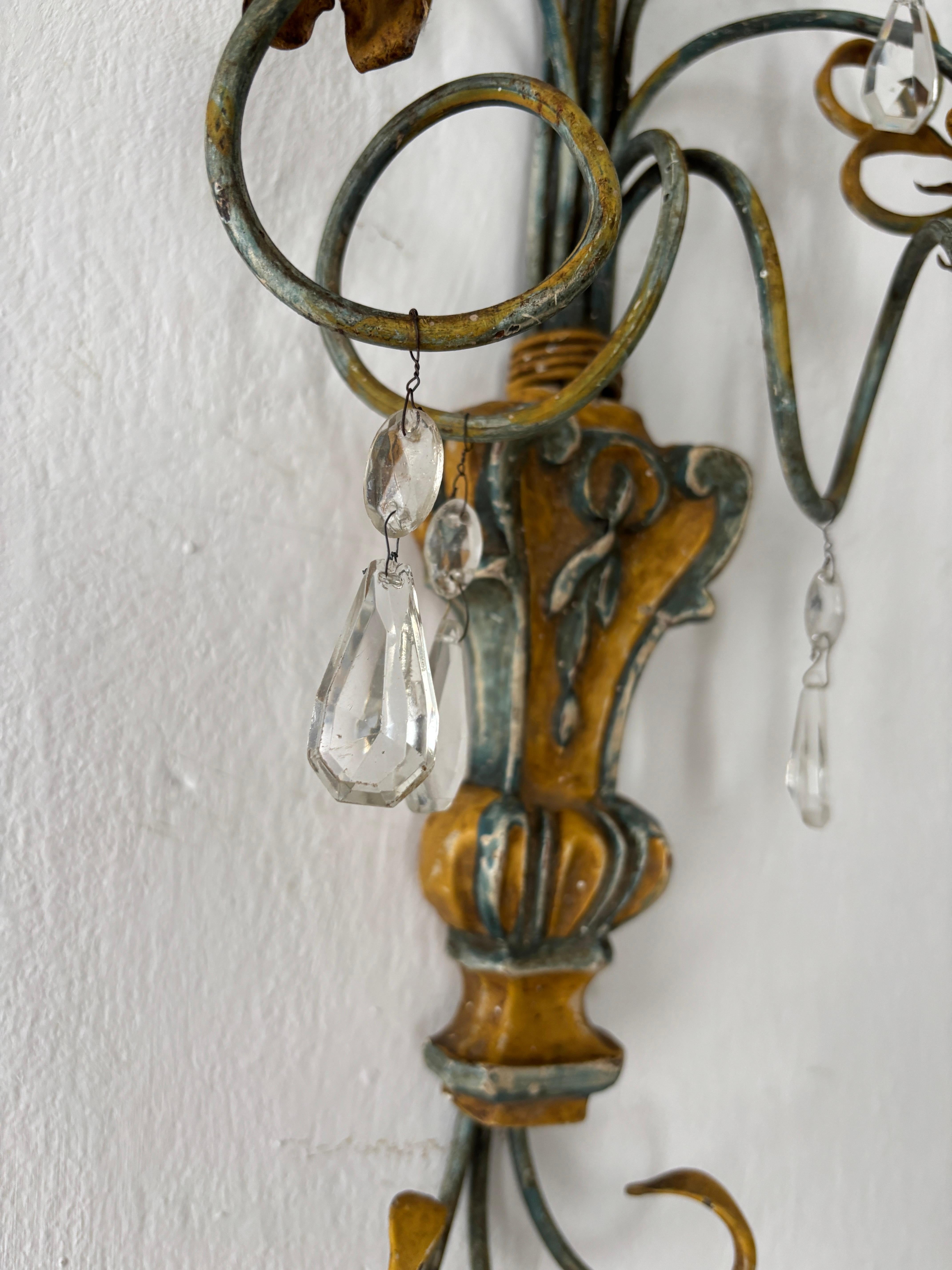 Italian Genovese Carved Wood Crystal Prisms Scroll Yellow Blue Green Sconces Old For Sale 6