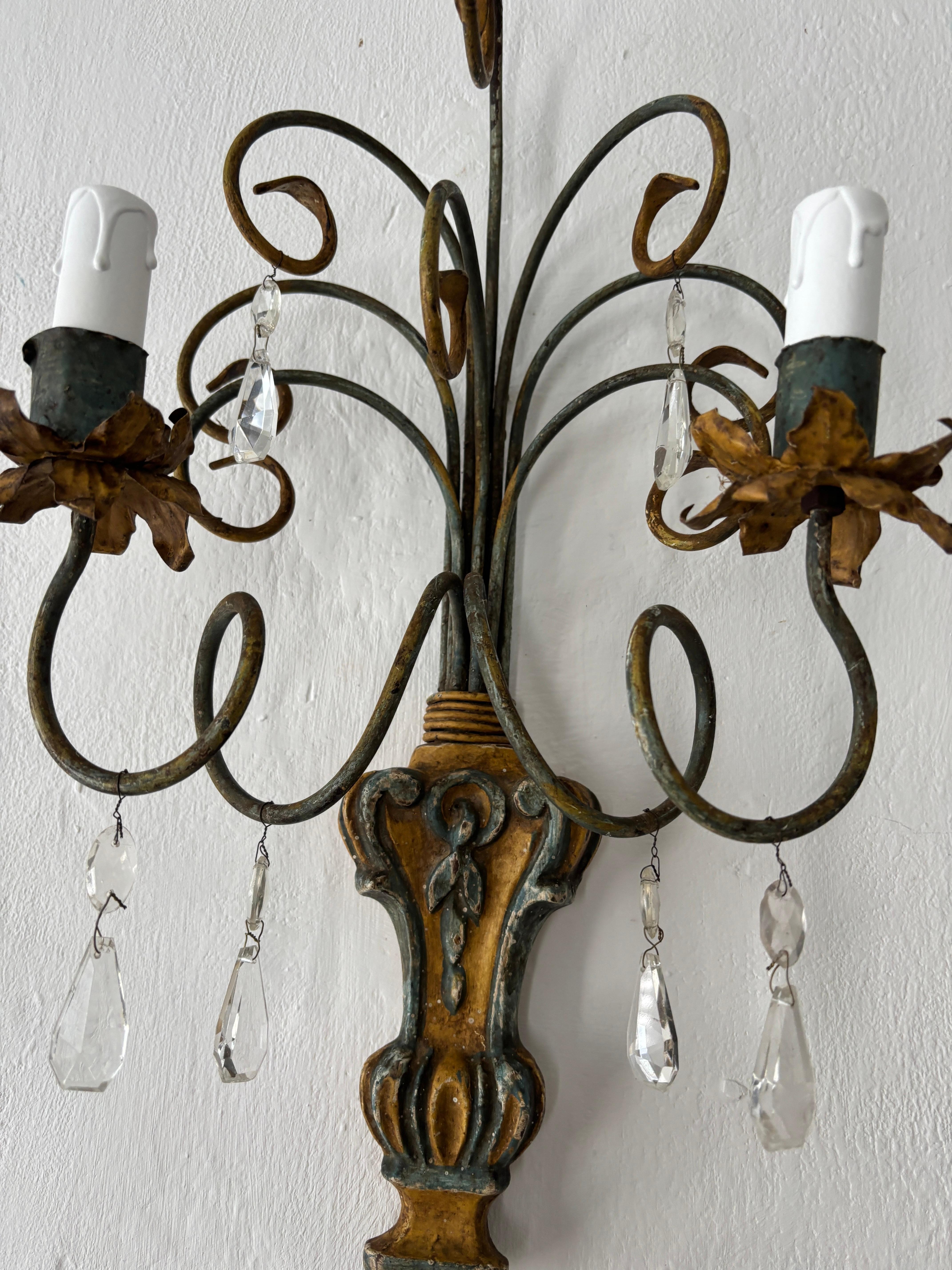 Italian Genovese Carved Wood Crystal Prisms Scroll Yellow Blue Green Sconces Old For Sale 7