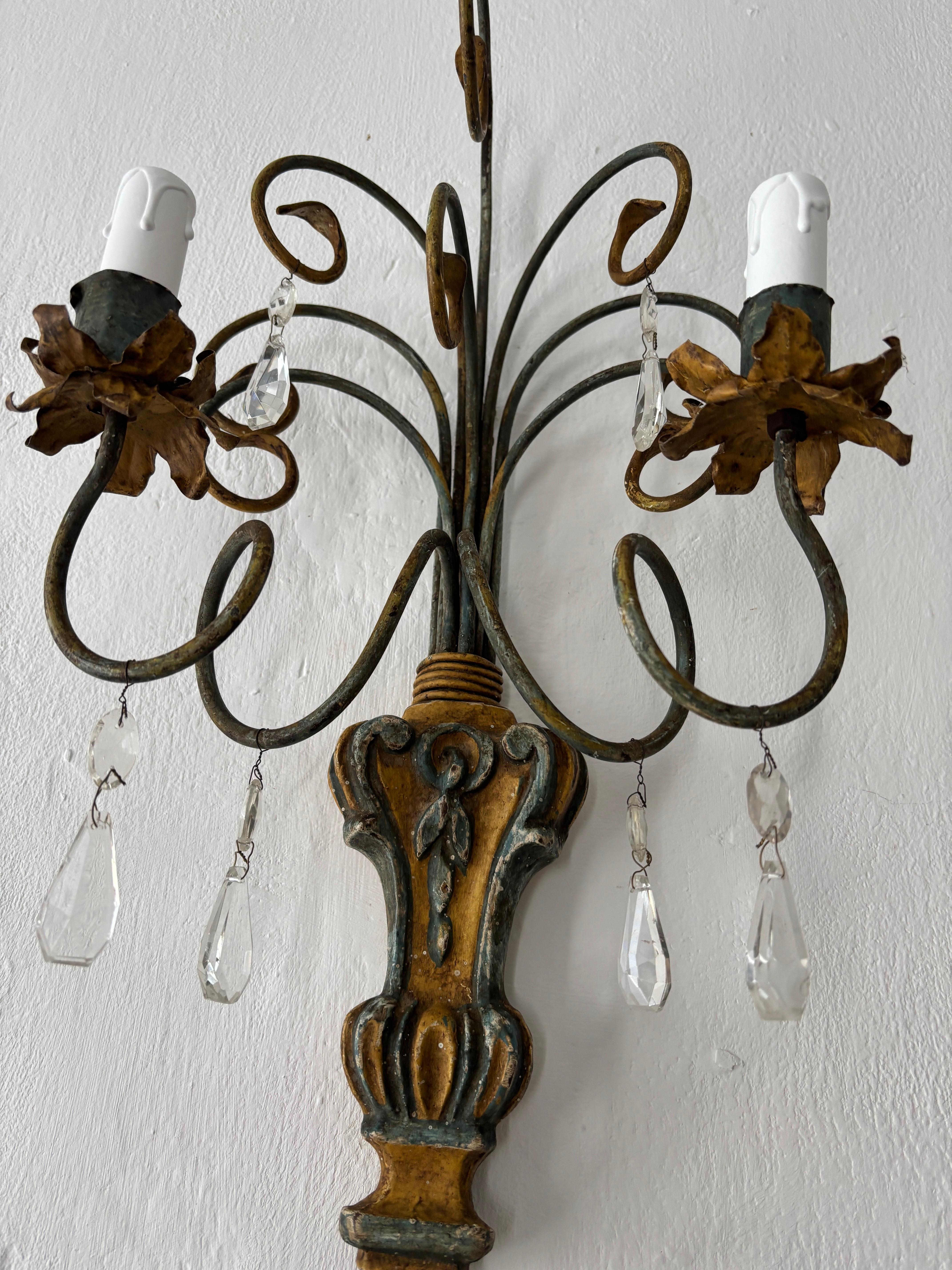 Italian Genovese Carved Wood Crystal Prisms Scroll Yellow Blue Green Sconces Old For Sale 8