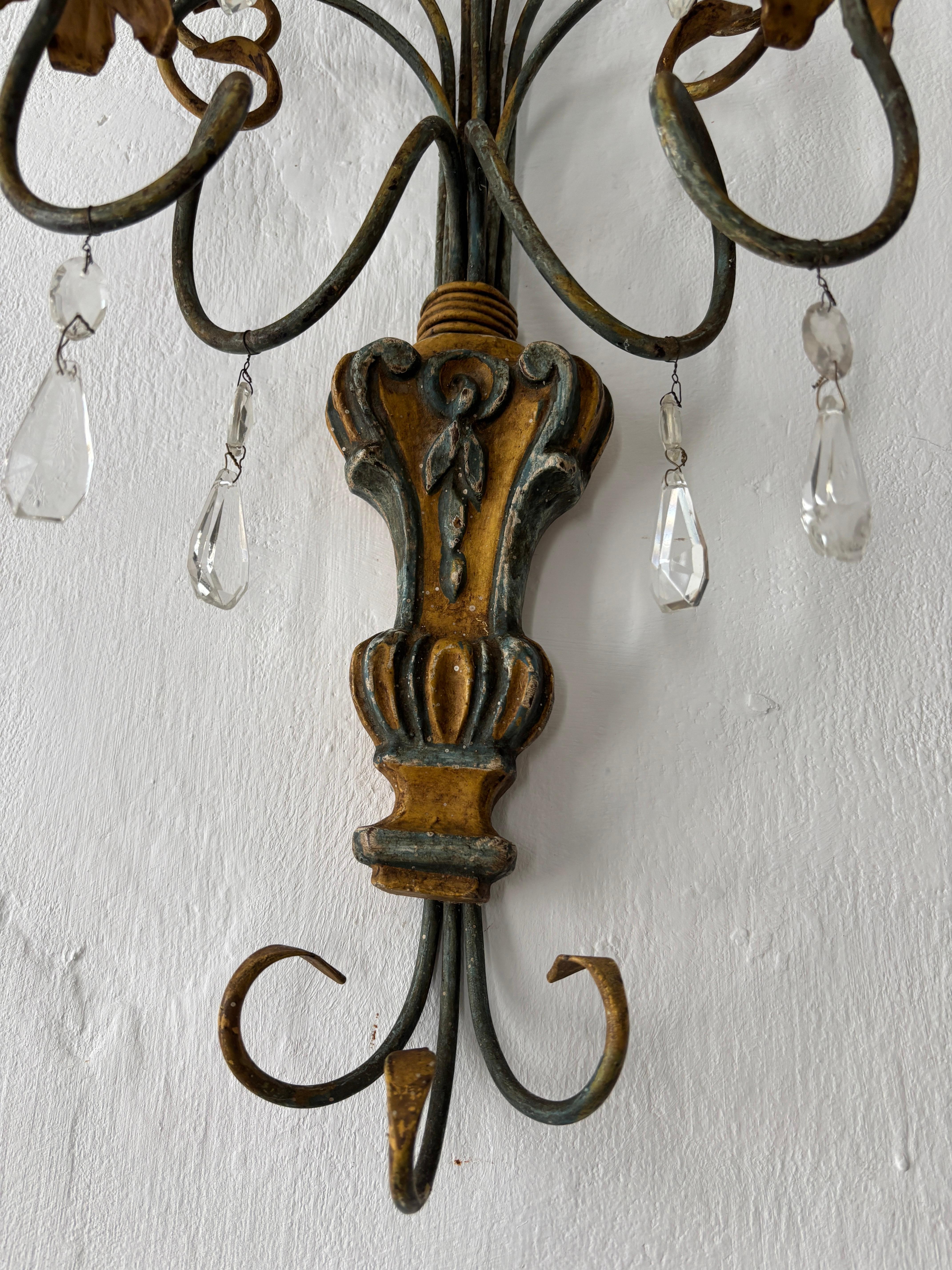 Italian Genovese Carved Wood Crystal Prisms Scroll Yellow Blue Green Sconces Old For Sale 9