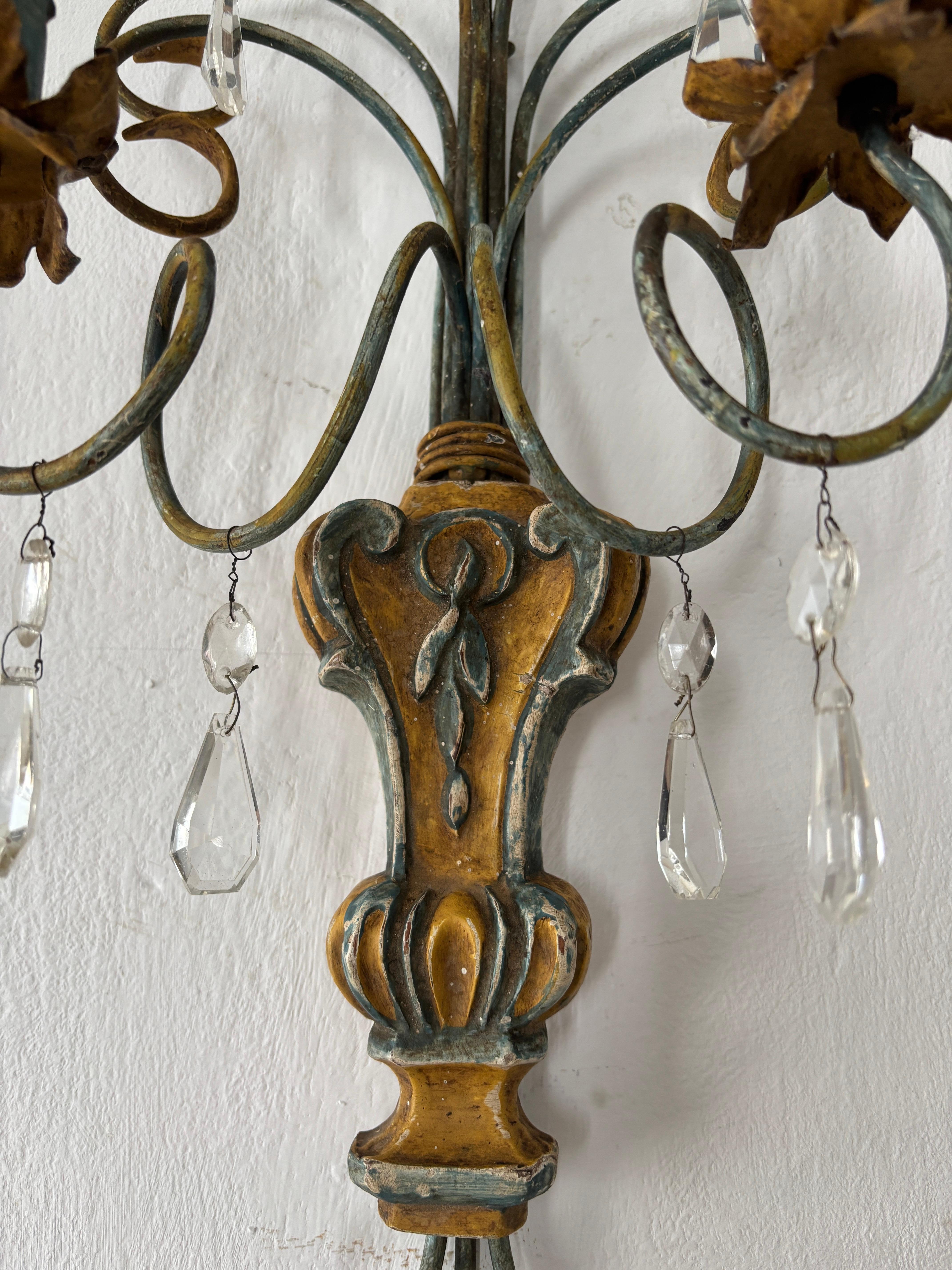 Italian Genovese Carved Wood Crystal Prisms Scroll Yellow Blue Green Sconces Old For Sale 10