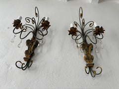 Italian Genovese Carved Wood Crystal Prisms Scroll Yellow Blue Green Sconces Old