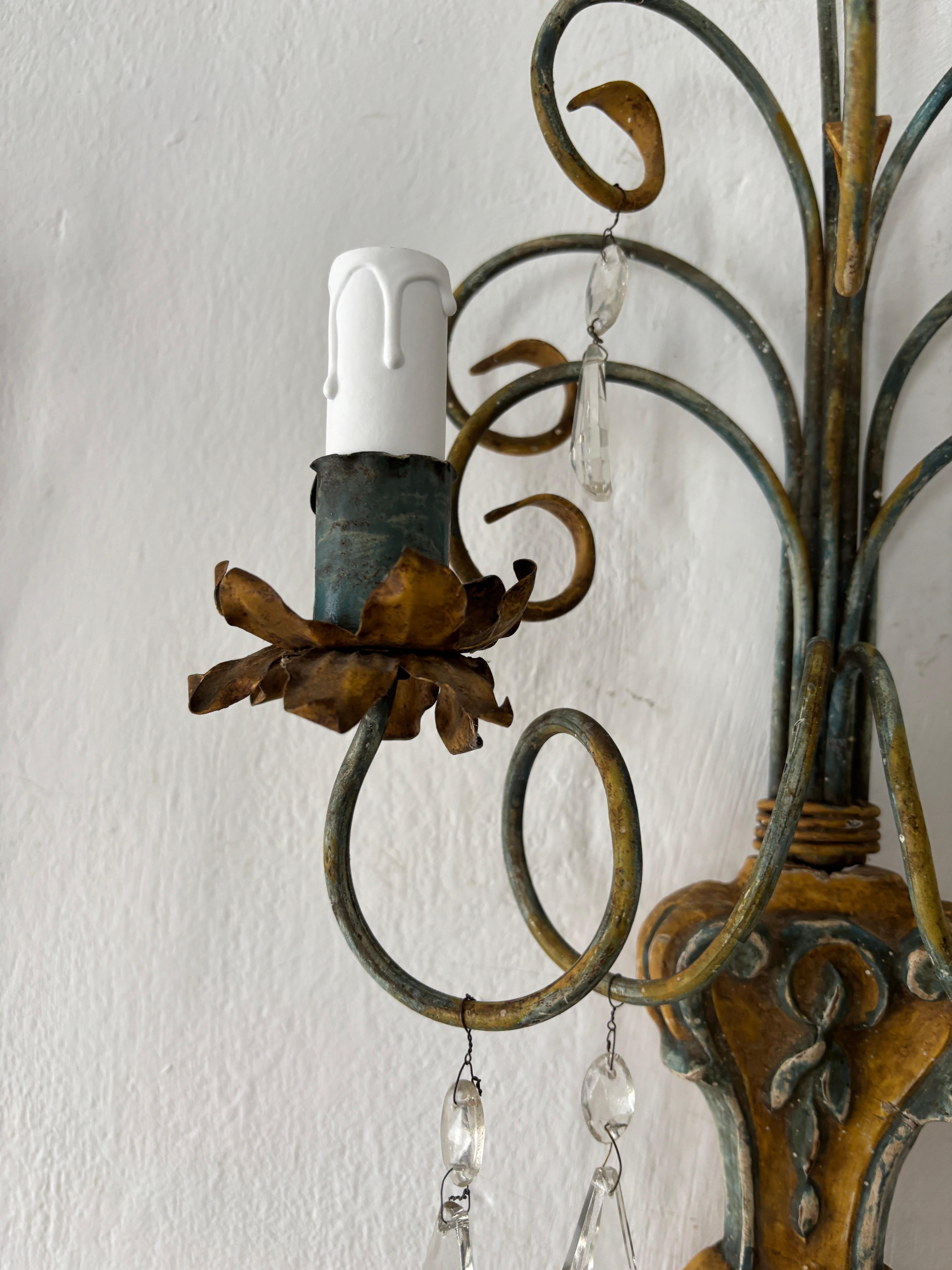 Italian Genovese Carved Wood Crystal Prisms Scroll Yellow Blue Green Sconces Old For Sale 1