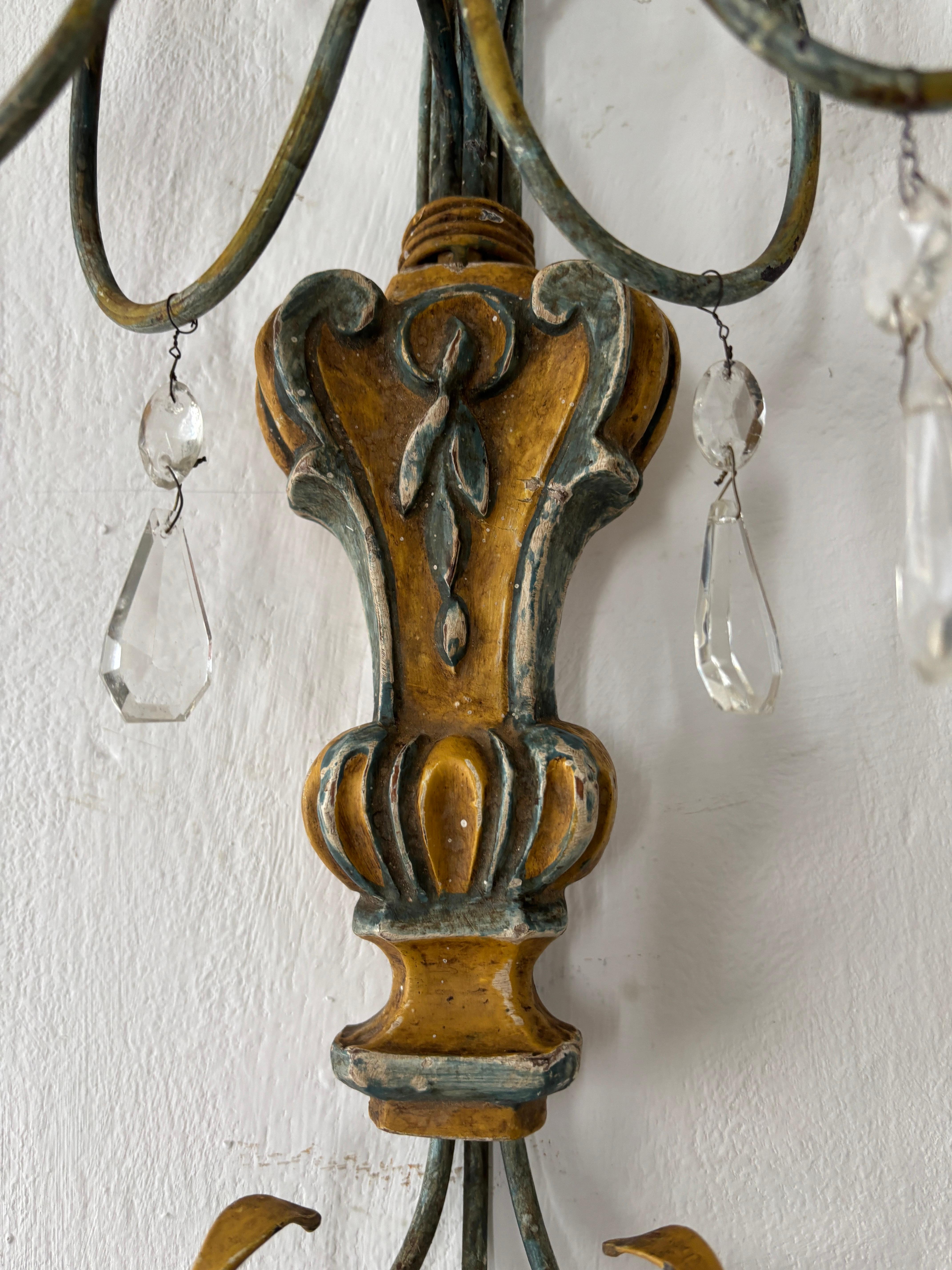 Italian Genovese Carved Wood Crystal Prisms Scroll Yellow Blue Green Sconces Old For Sale 2