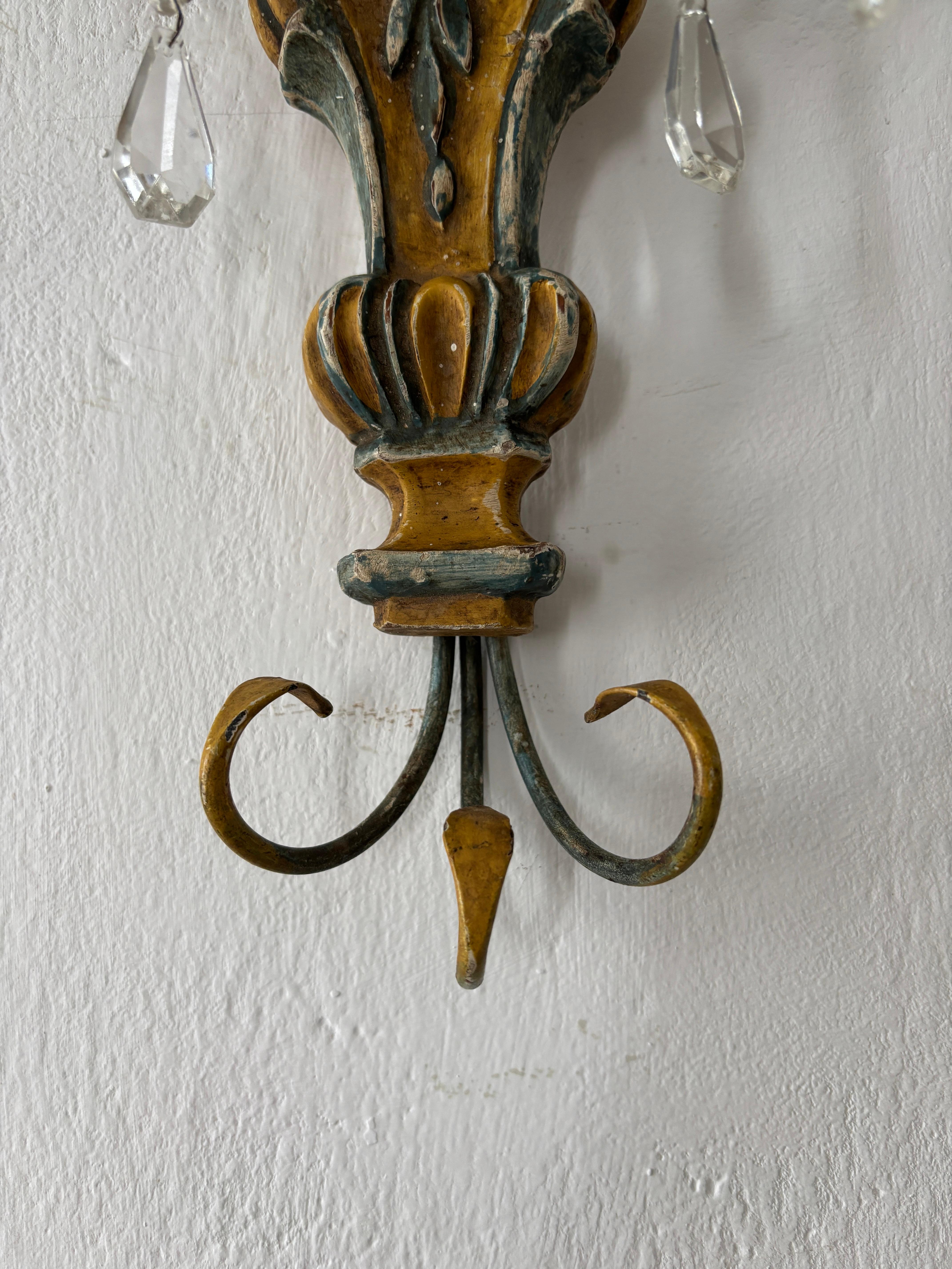 Italian Genovese Carved Wood Crystal Prisms Scroll Yellow Blue Green Sconces Old For Sale 3