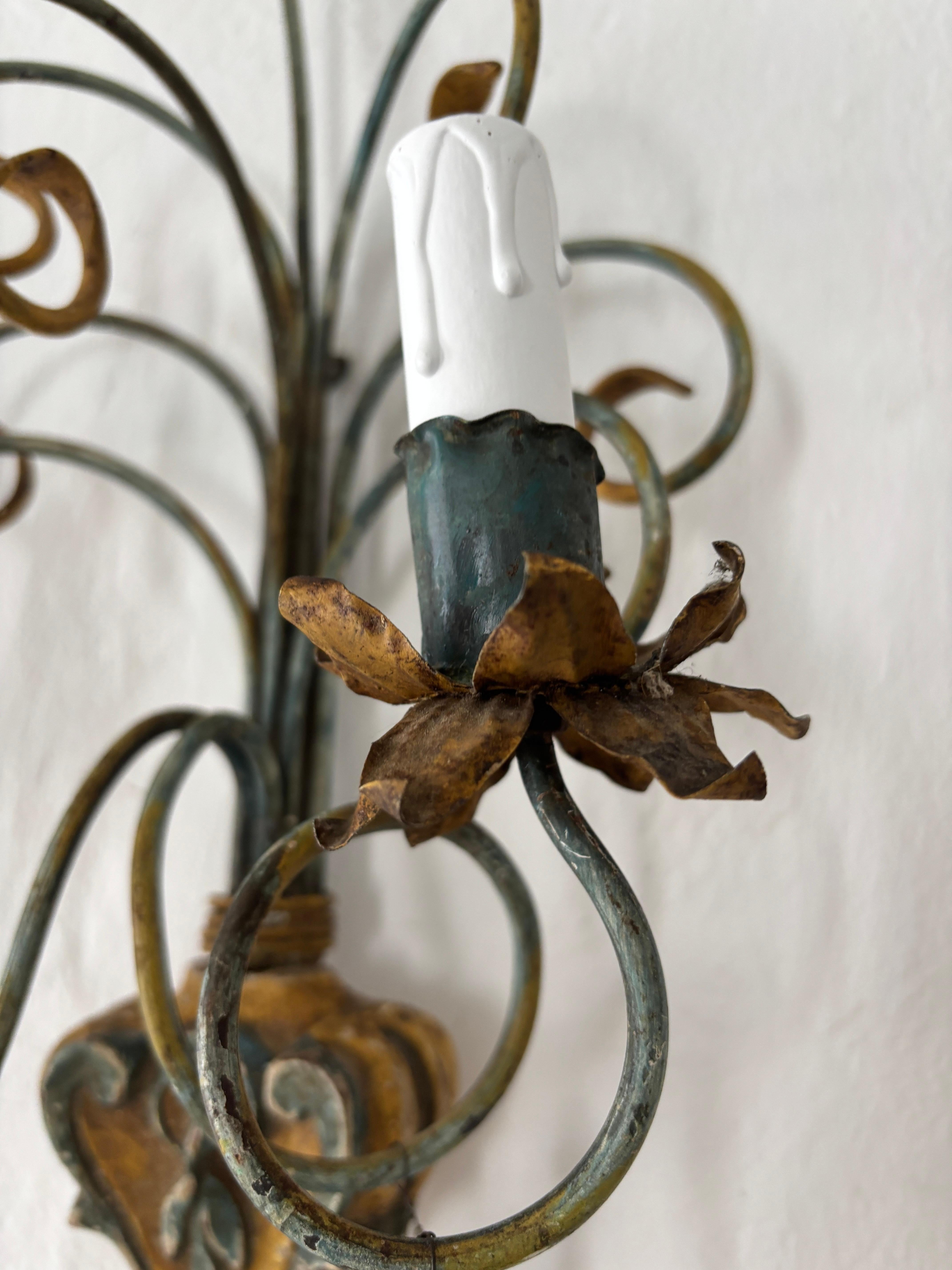 Italian Genovese Carved Wood Crystal Prisms Scroll Yellow Blue Green Sconces Old For Sale 4