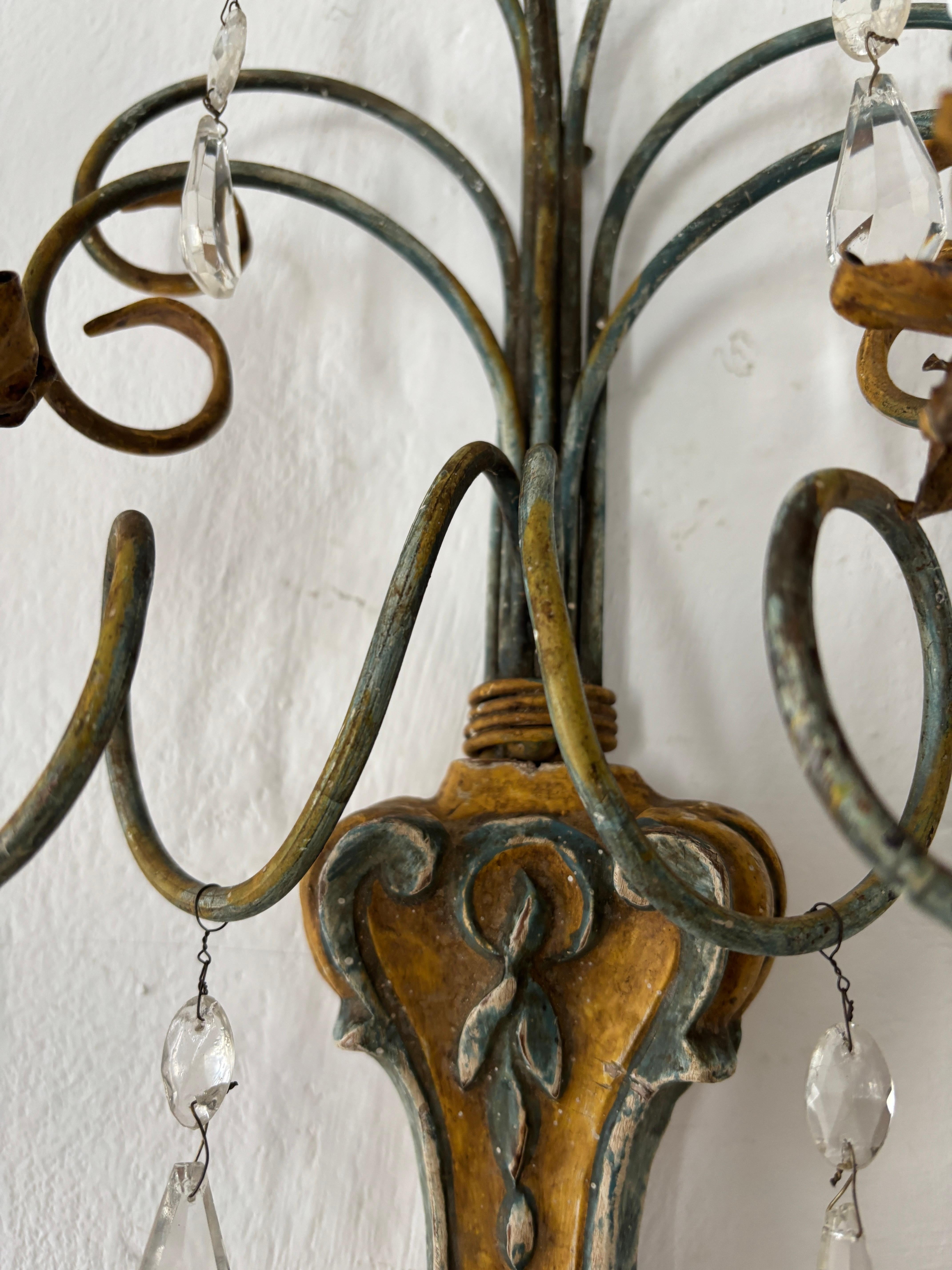 Italian Genovese Carved Wood Crystal Prisms Scroll Yellow Blue Green Sconces Old For Sale 5
