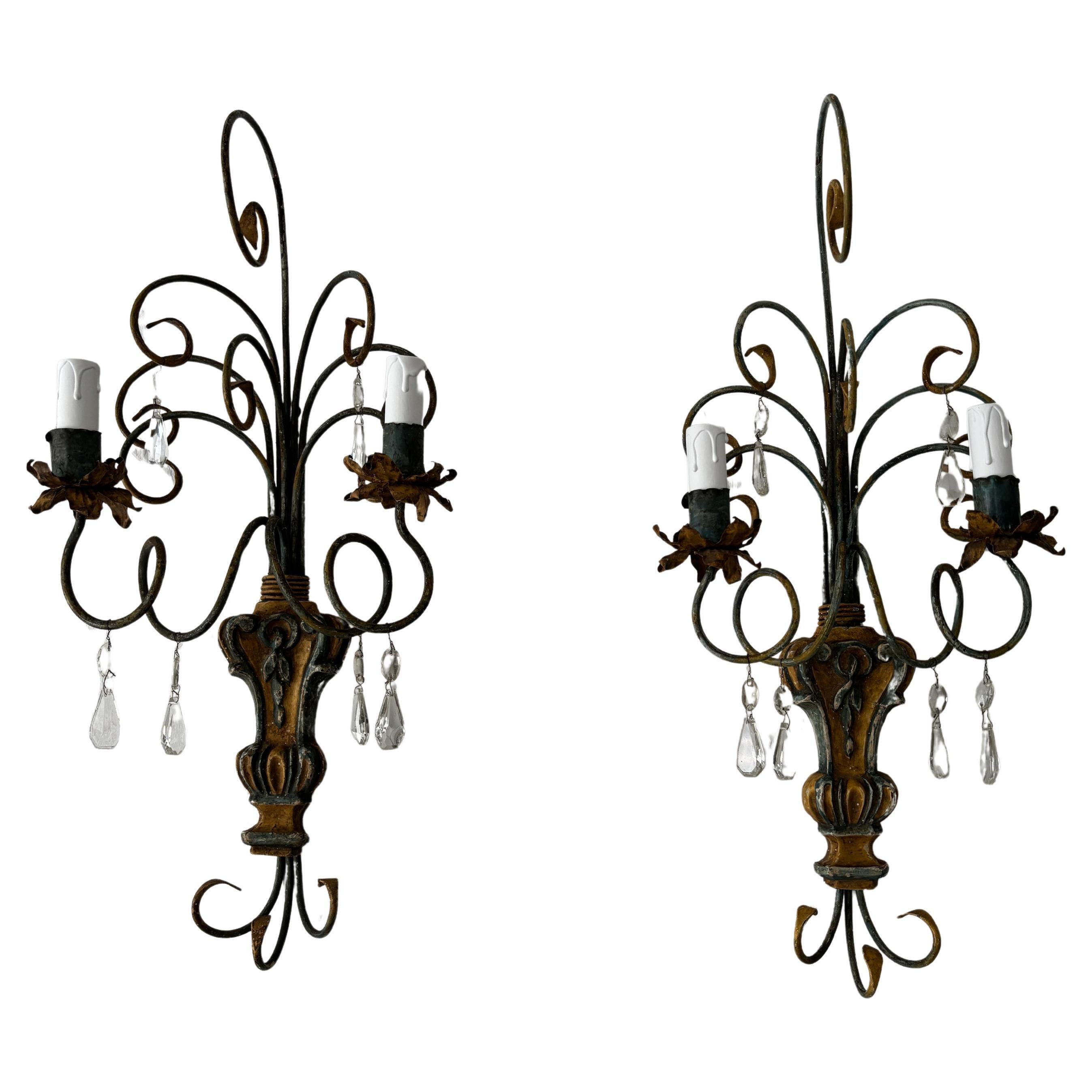 Italian Genovese Carved Wood Crystal Prisms Scroll Yellow Blue Green Sconces Old For Sale