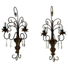Italian Genovese Carved Wood Crystal Prisms Scroll Yellow Blue Green Sconces Old