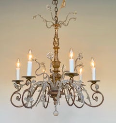 Italian Genovese Chandelier, Gilded Wood, Wrought Iron, and Crystal