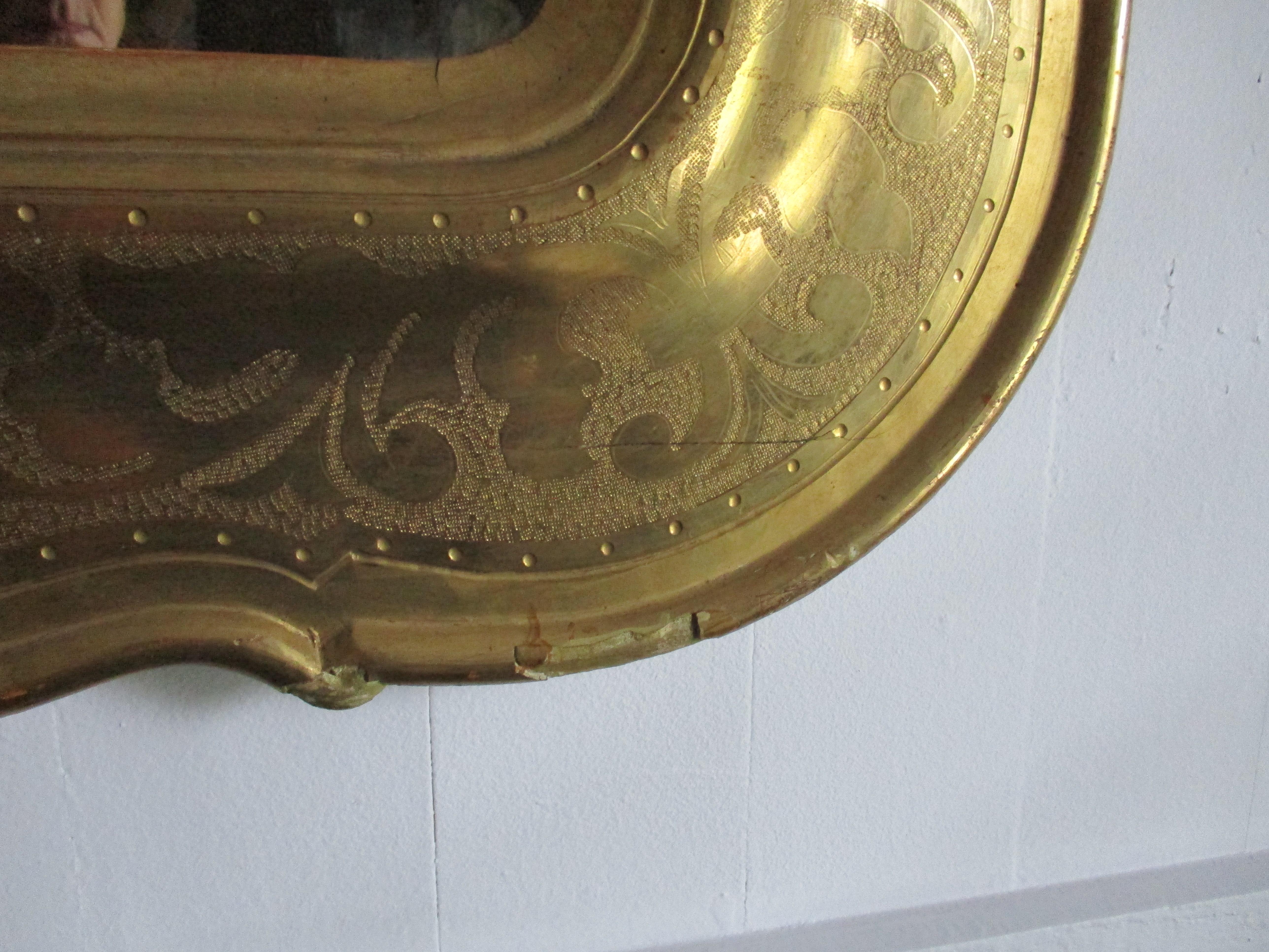 Baroque Italian, Genovese Etched Gold Leaf Mirror with Original Mercury Glass For Sale